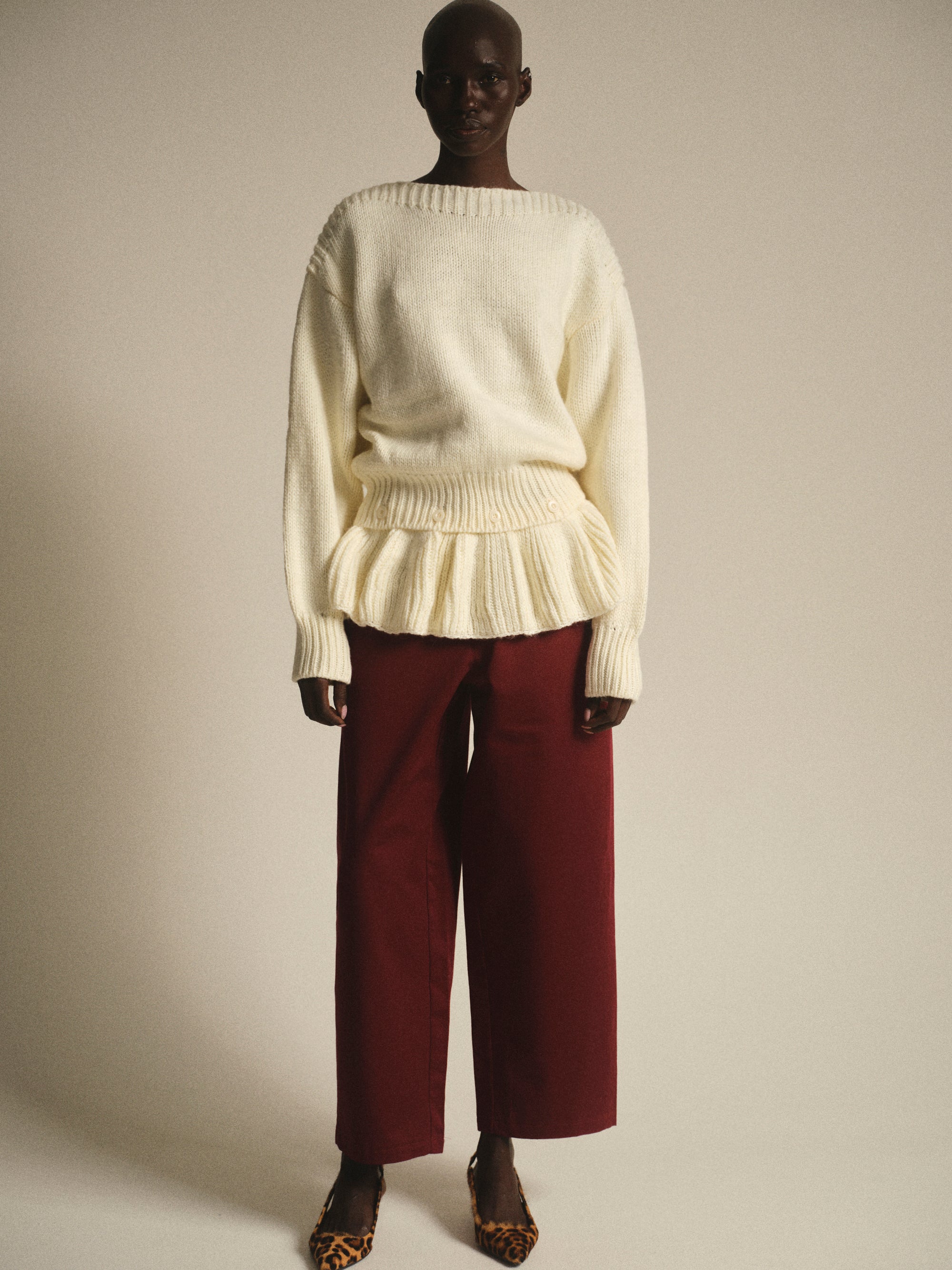 Peplum Hem Knit Sweater, Cream