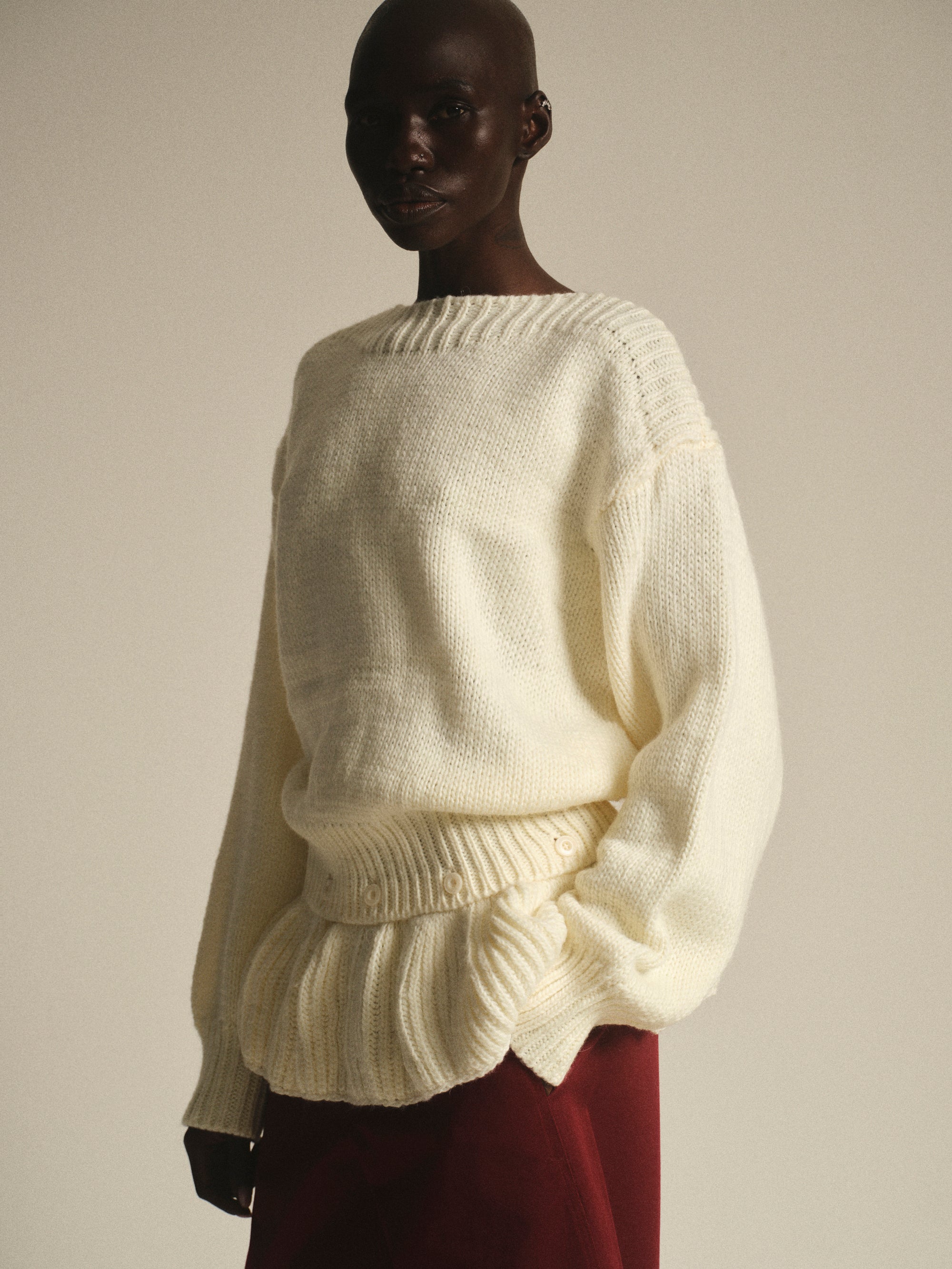 Peplum Hem Knit Sweater, Cream