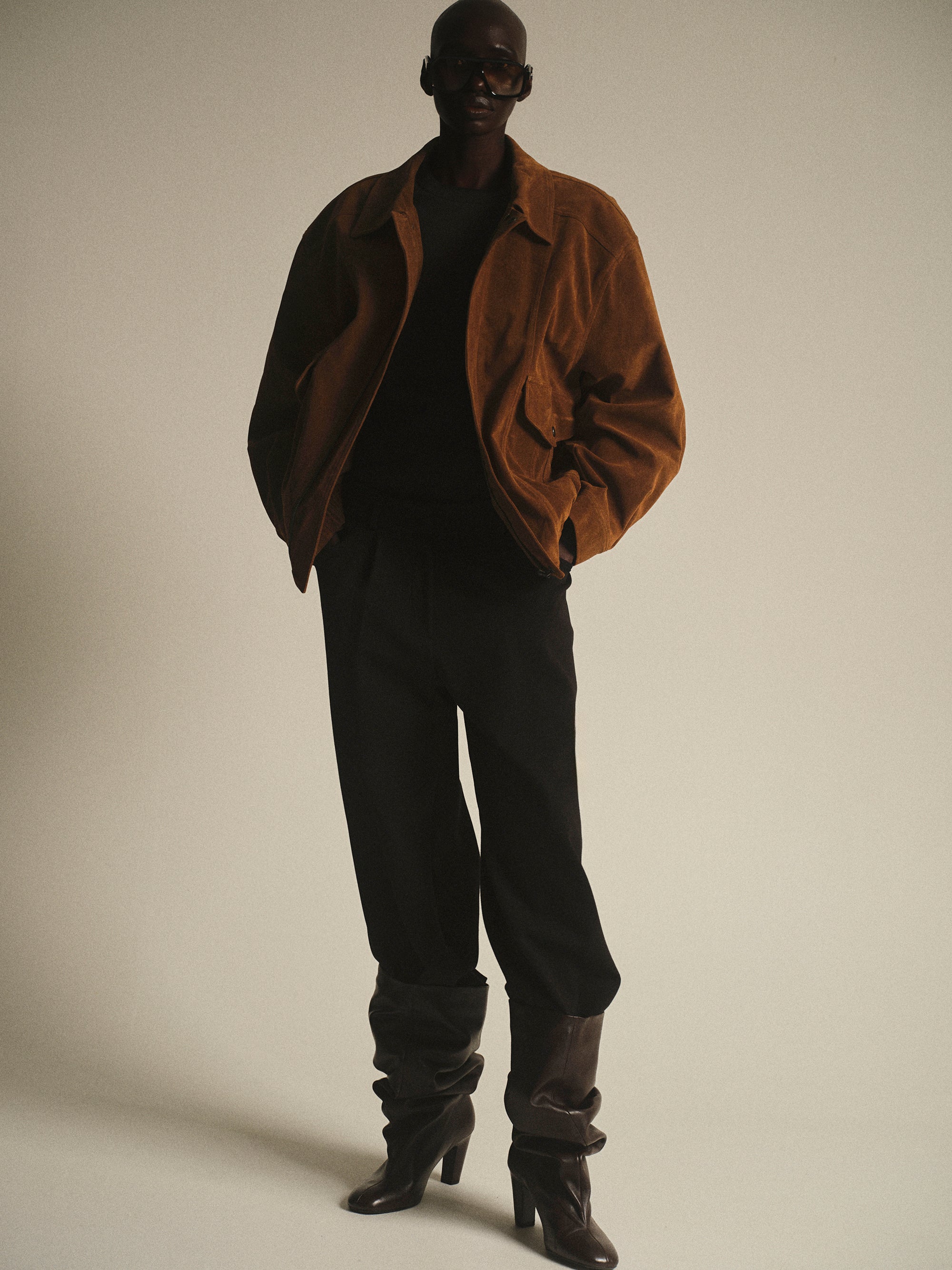 Suede Effect Bomber Jacket, Cognac
