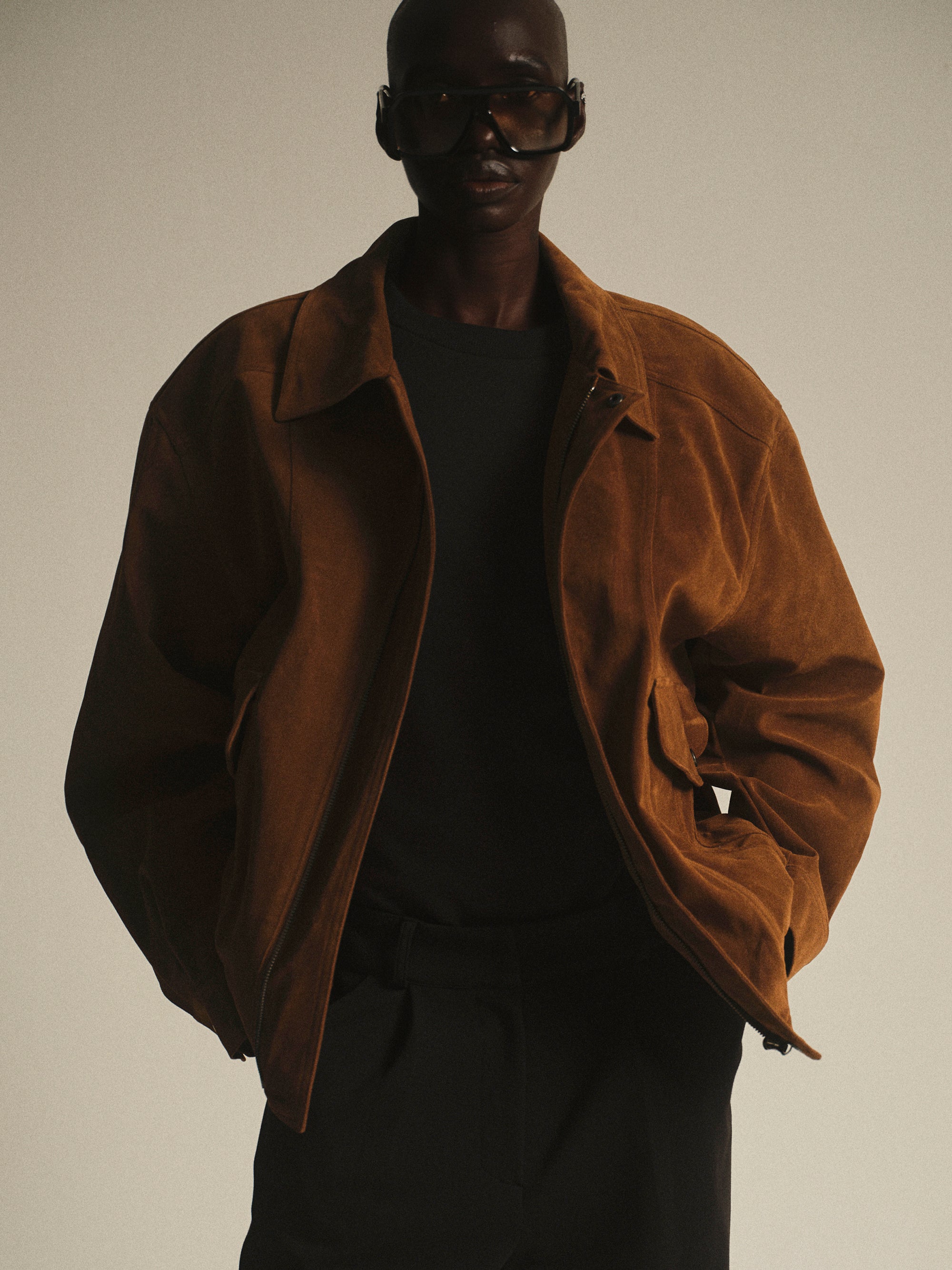 Suede Effect Bomber Jacket, Cognac