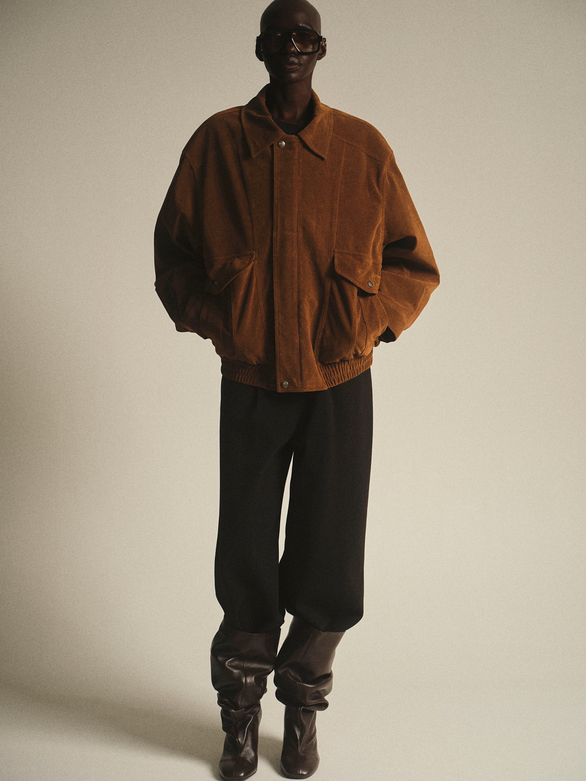 Suede Effect Bomber Jacket, Cognac