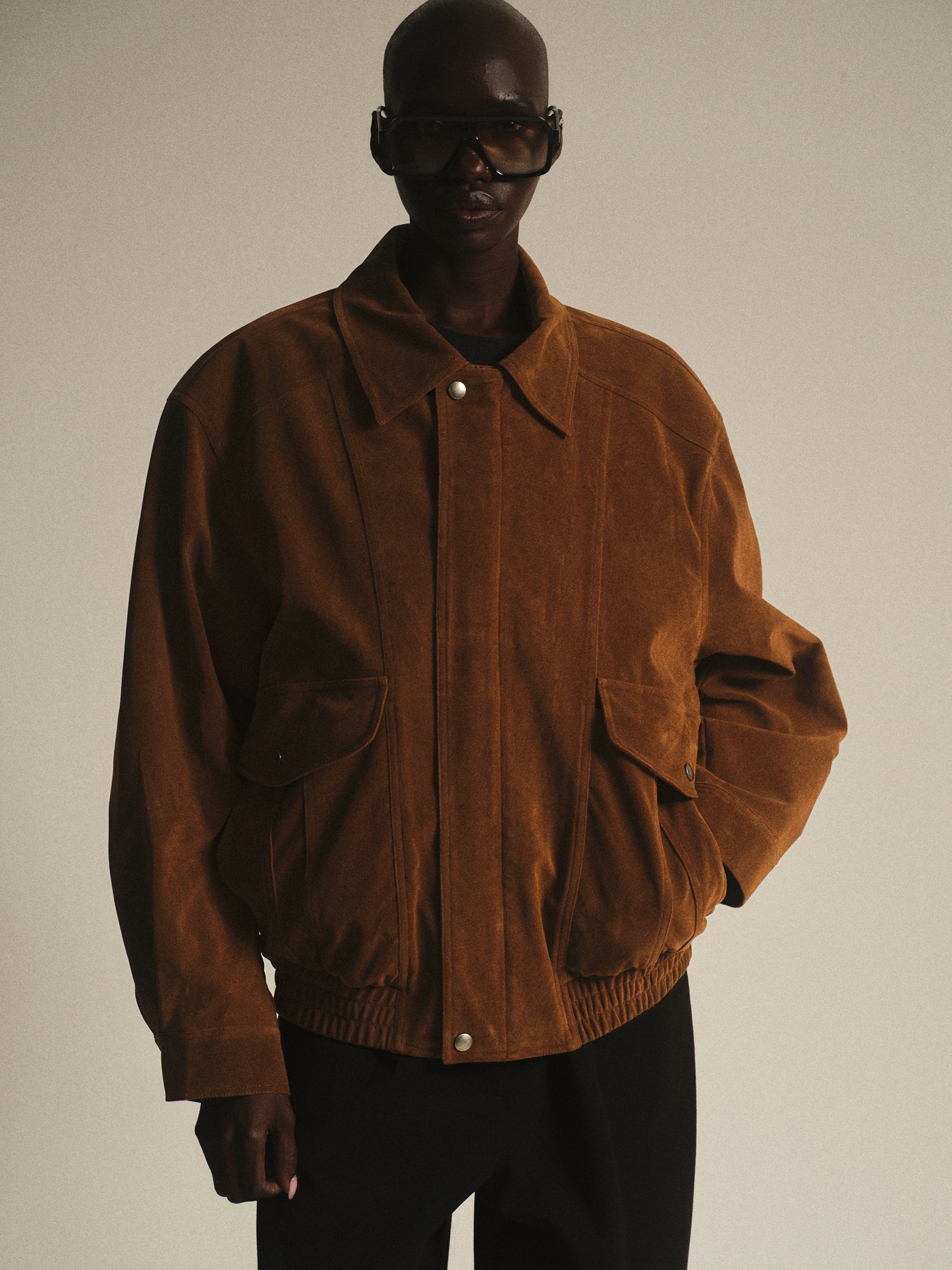 Suede Effect Bomber Jacket, Cognac