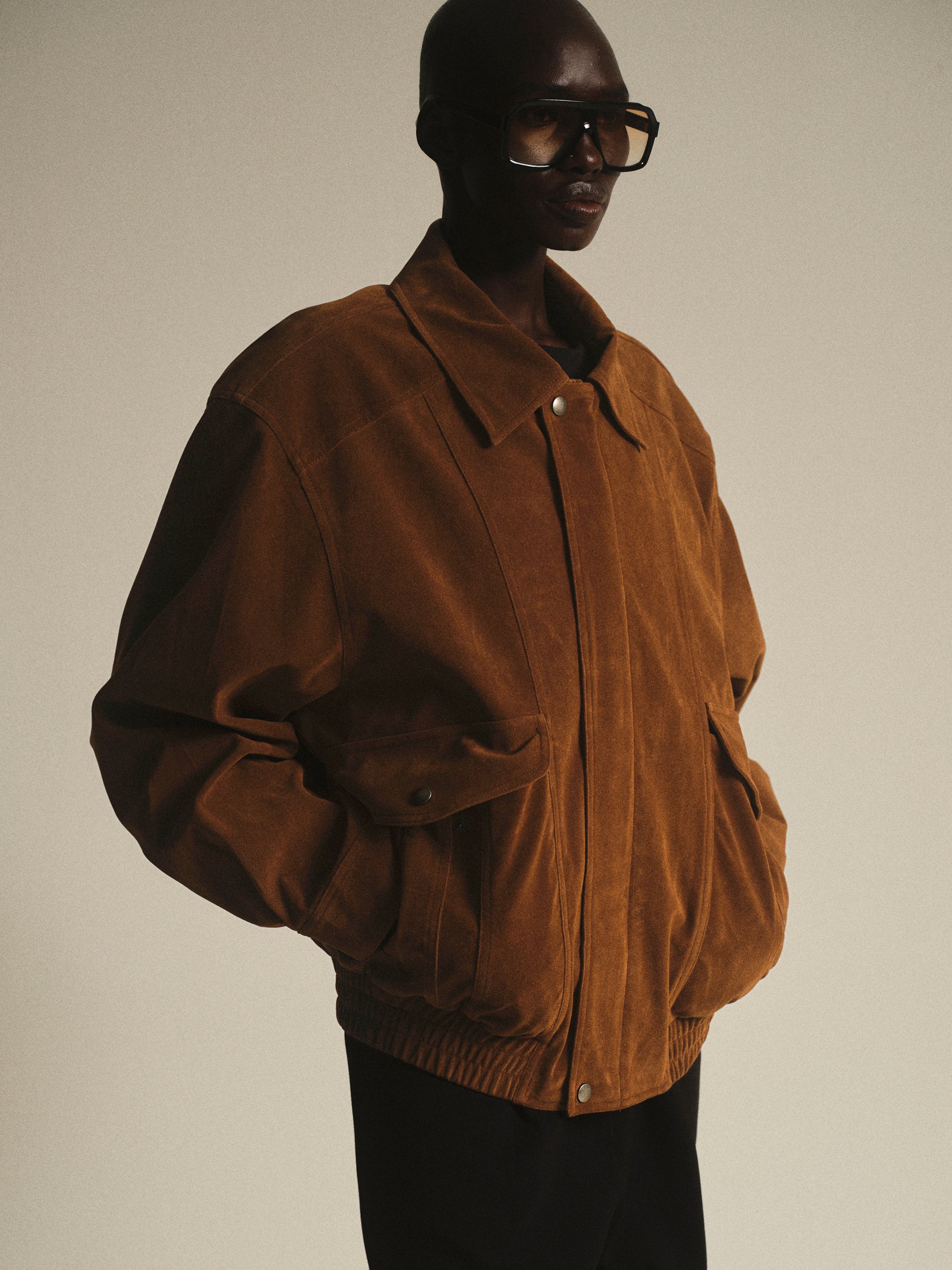 Suede Effect Bomber Jacket, Cognac – SourceUnknown