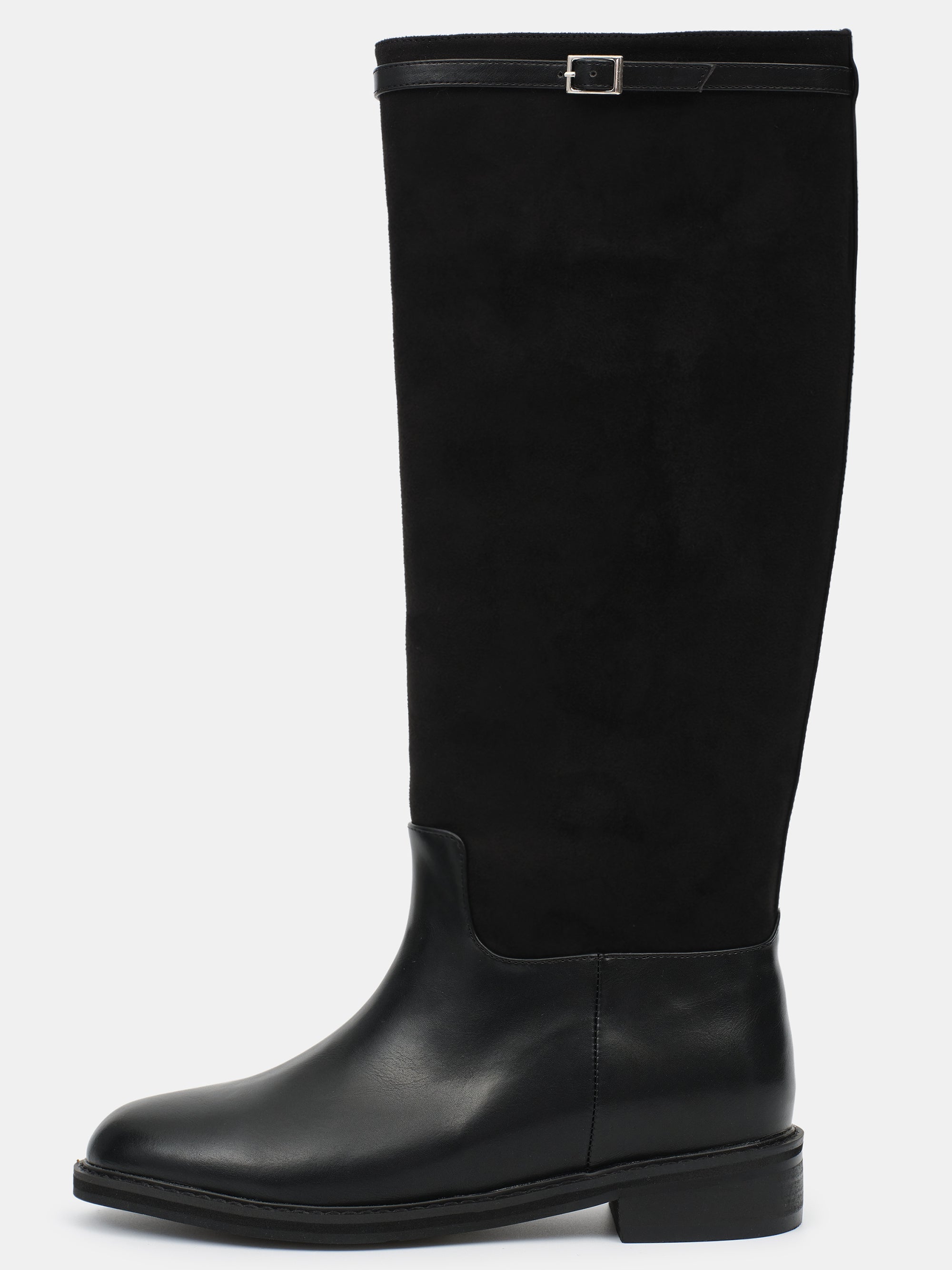Suede Knee-High Buckle Boots, Black