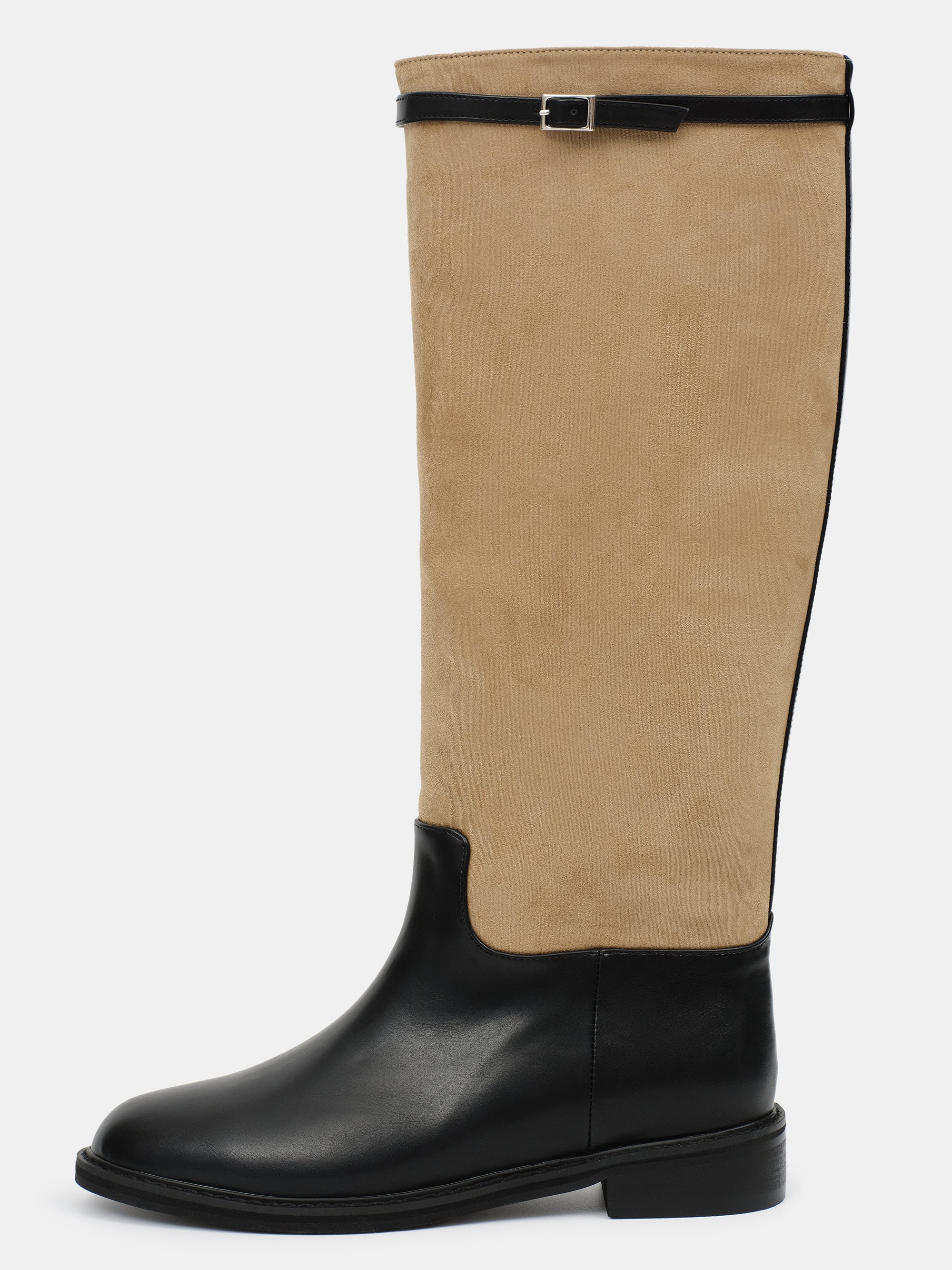 Suede Knee-High Buckle Boots, Beige