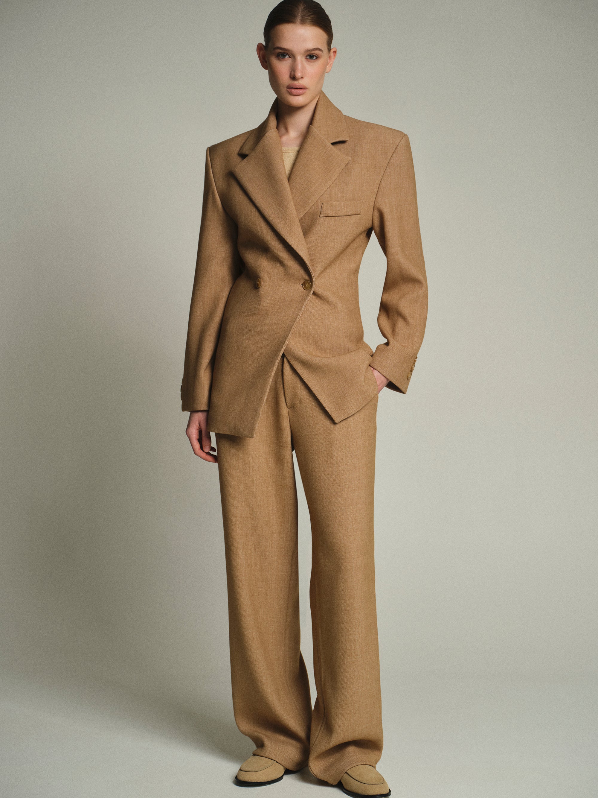 Nangy Double Breasted Cinched Blazer, Tan Beige
