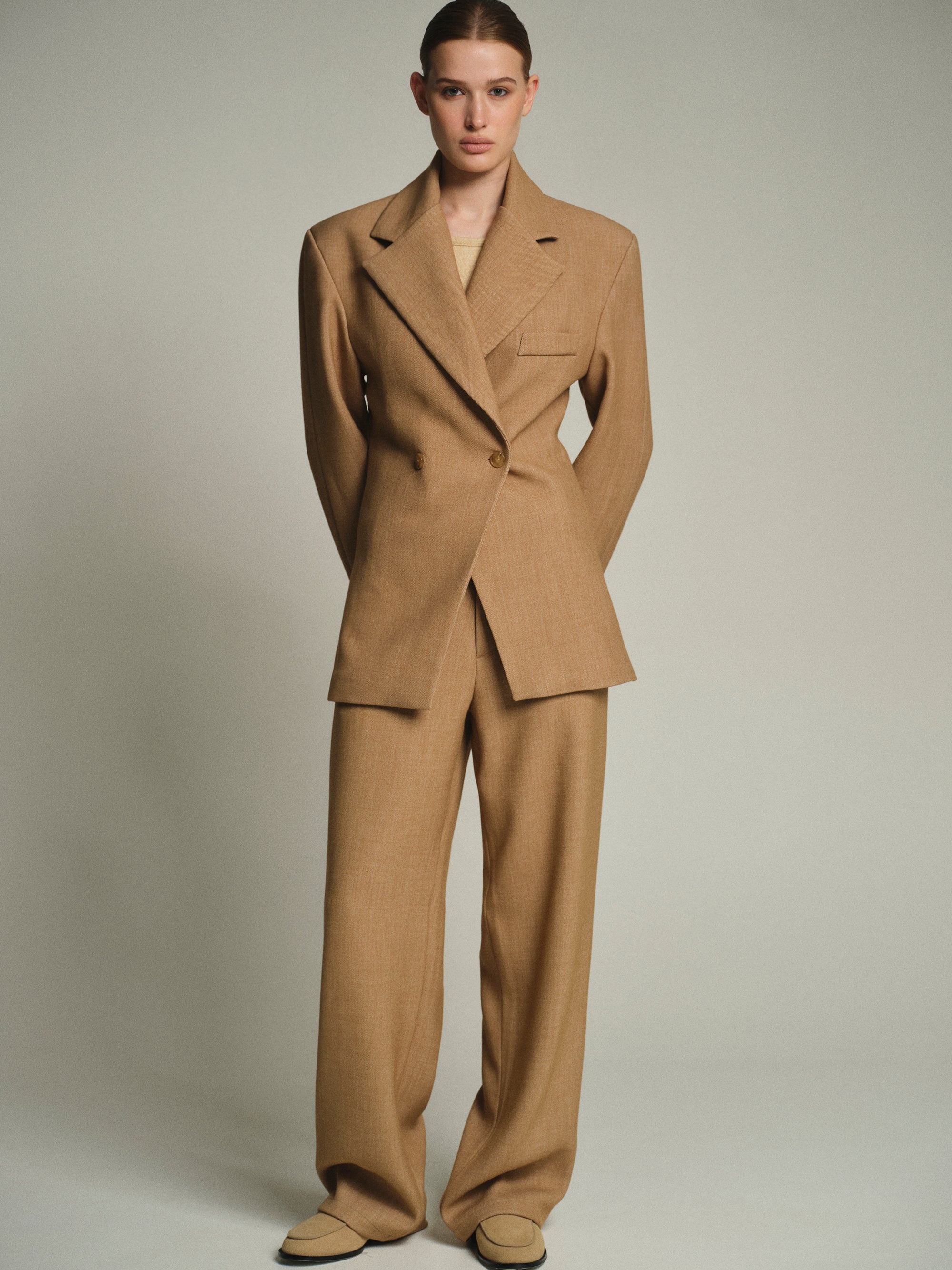 Nangy Double Breasted Cinched Blazer, Tan Beige