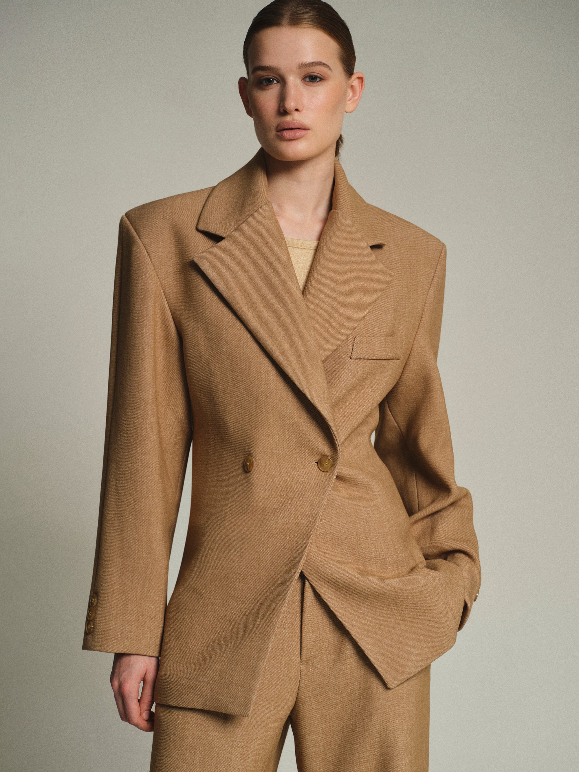 Nangy Double Breasted Cinched Blazer, Tan Beige