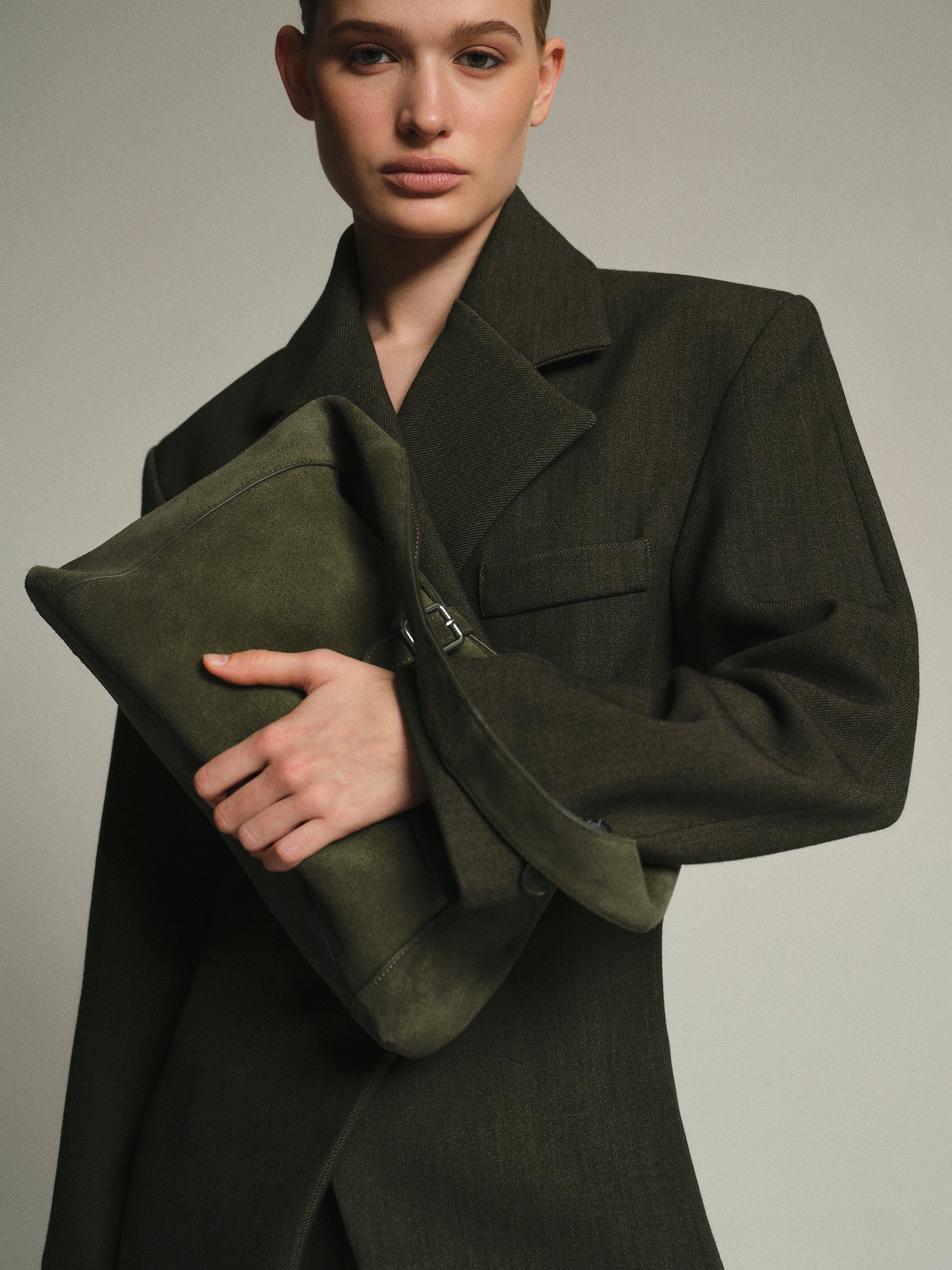 Slouchy Suede Shoulder Bag, Olive