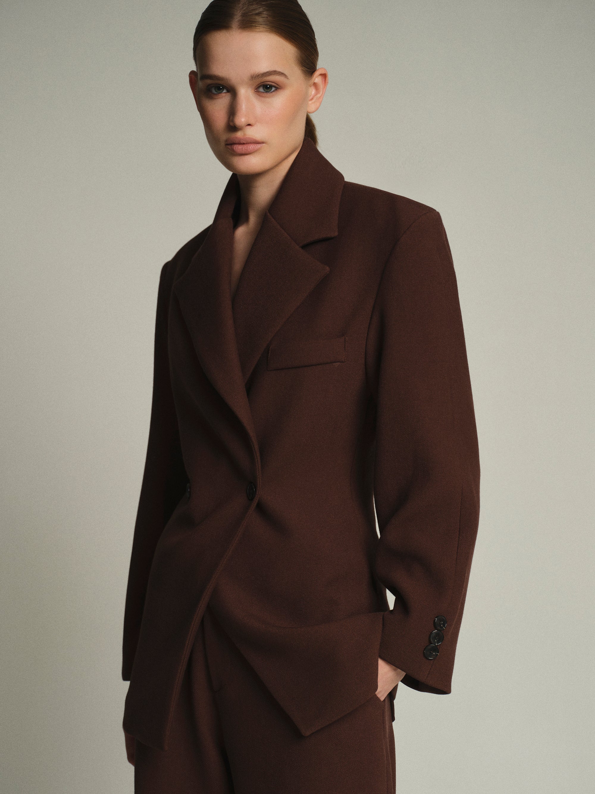 Nangy Double Breasted Cinched Blazer, Pecan