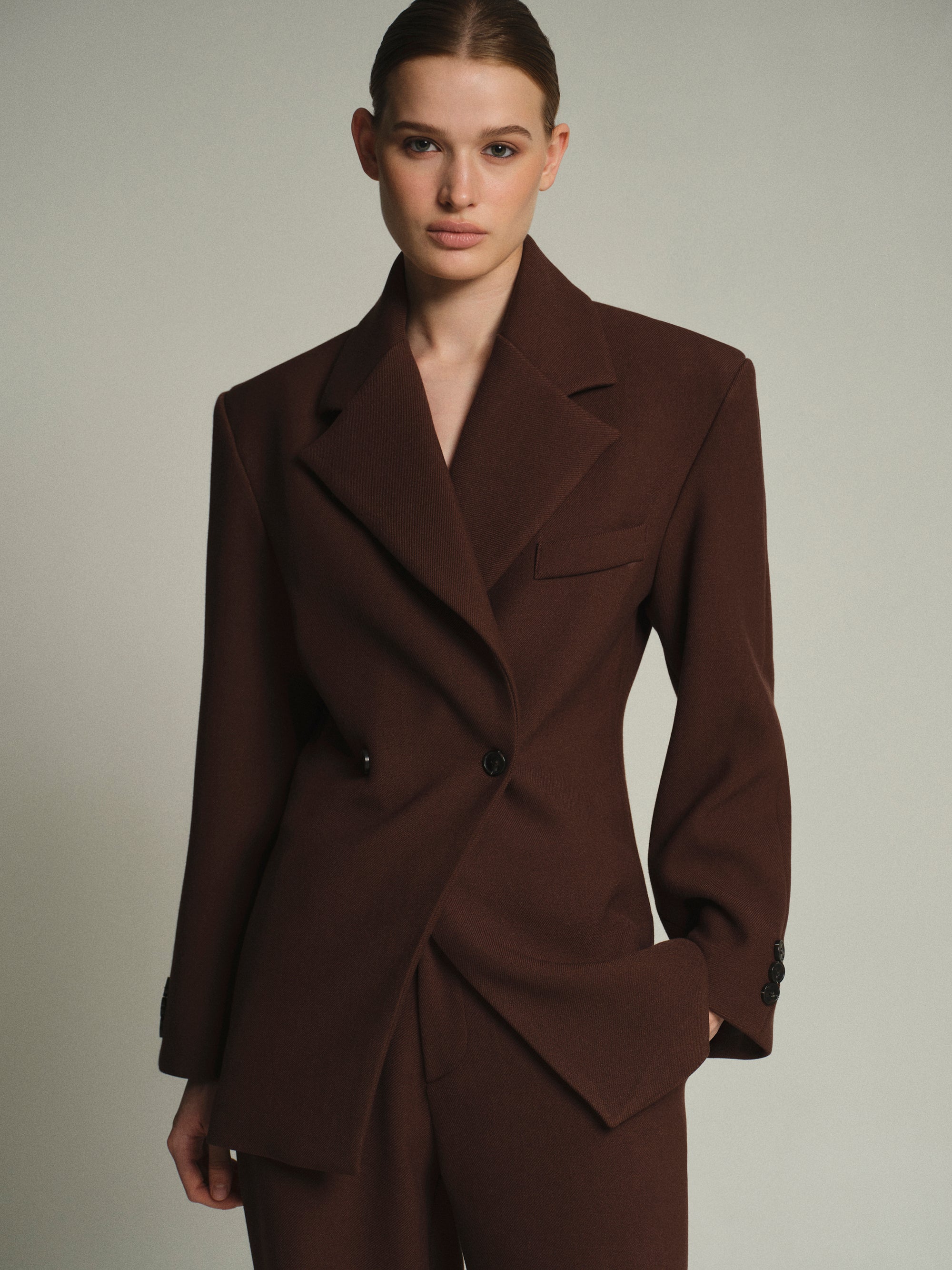 Nangy Double Breasted Cinched Blazer, Pecan