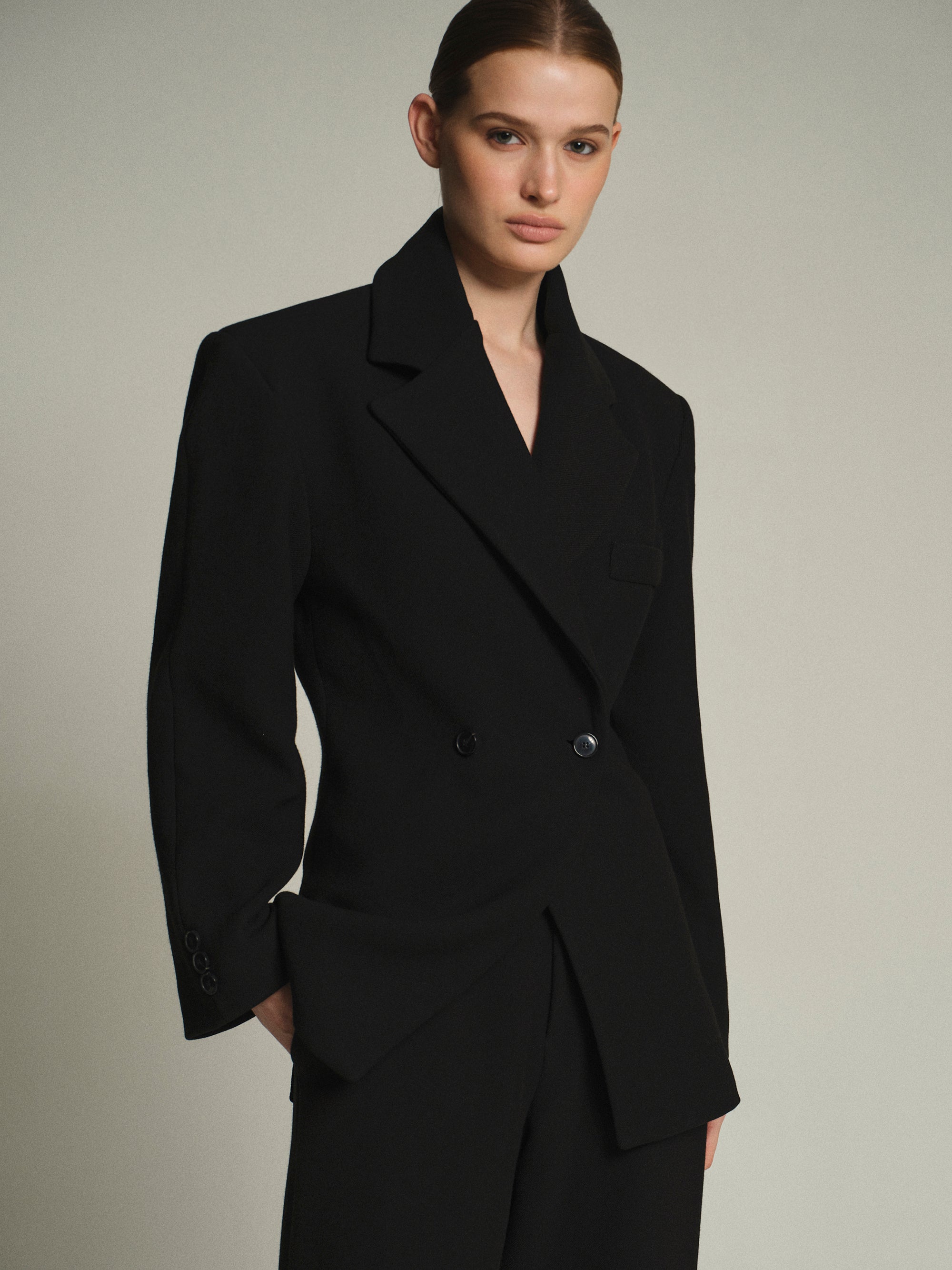 Nangy Double Breasted Cinched Blazer, Black