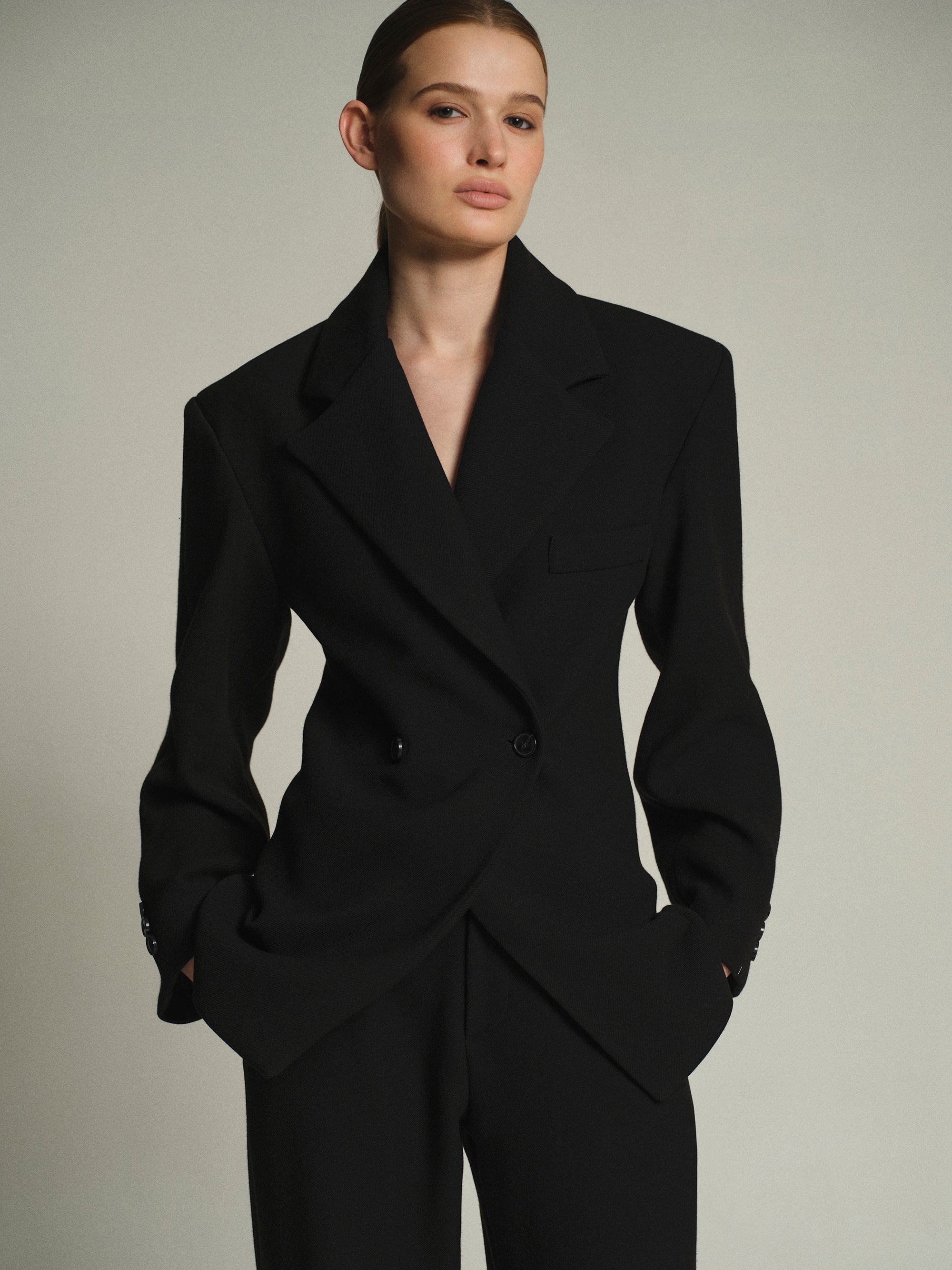 Nangy Double Breasted Cinched Blazer, Black