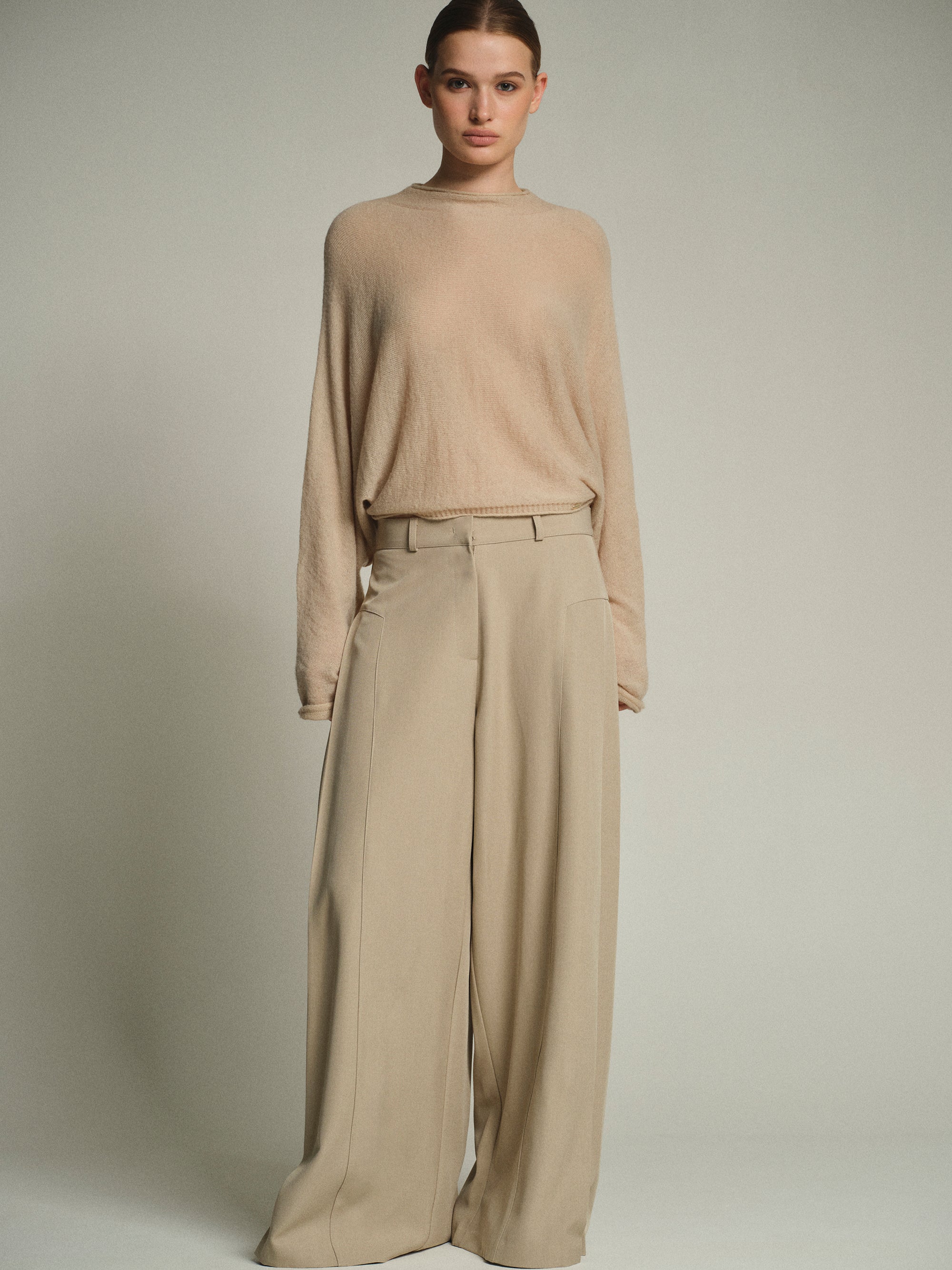 Flowy Wide-Leg Pants, Beige