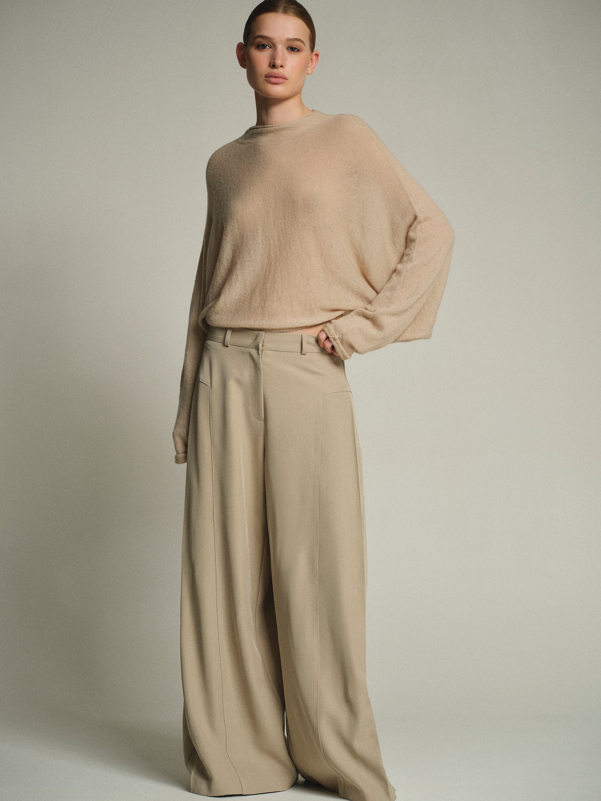 Flowy Wide-Leg Pants, Beige
