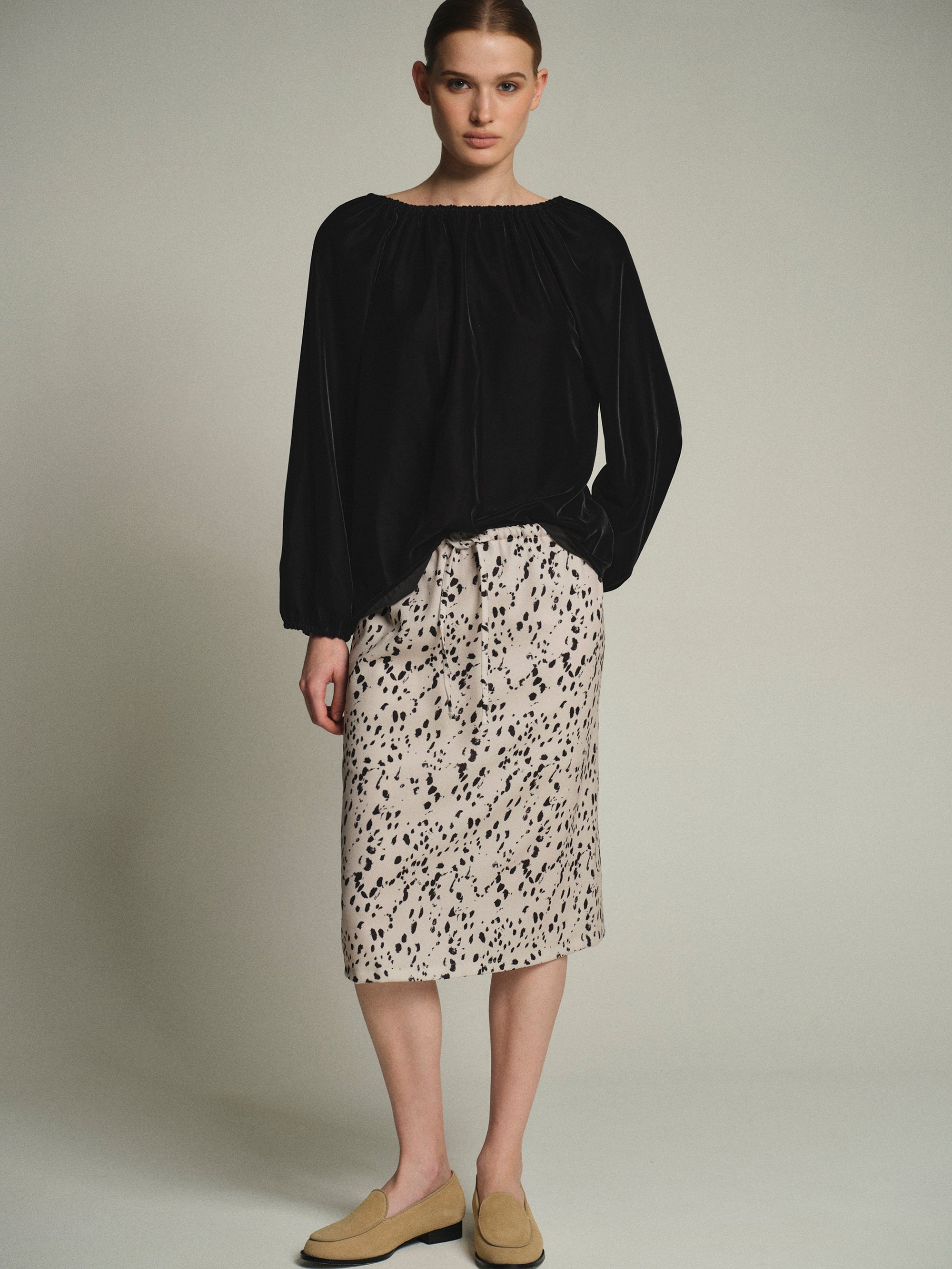 Gathered Velvet Blouse, Black
