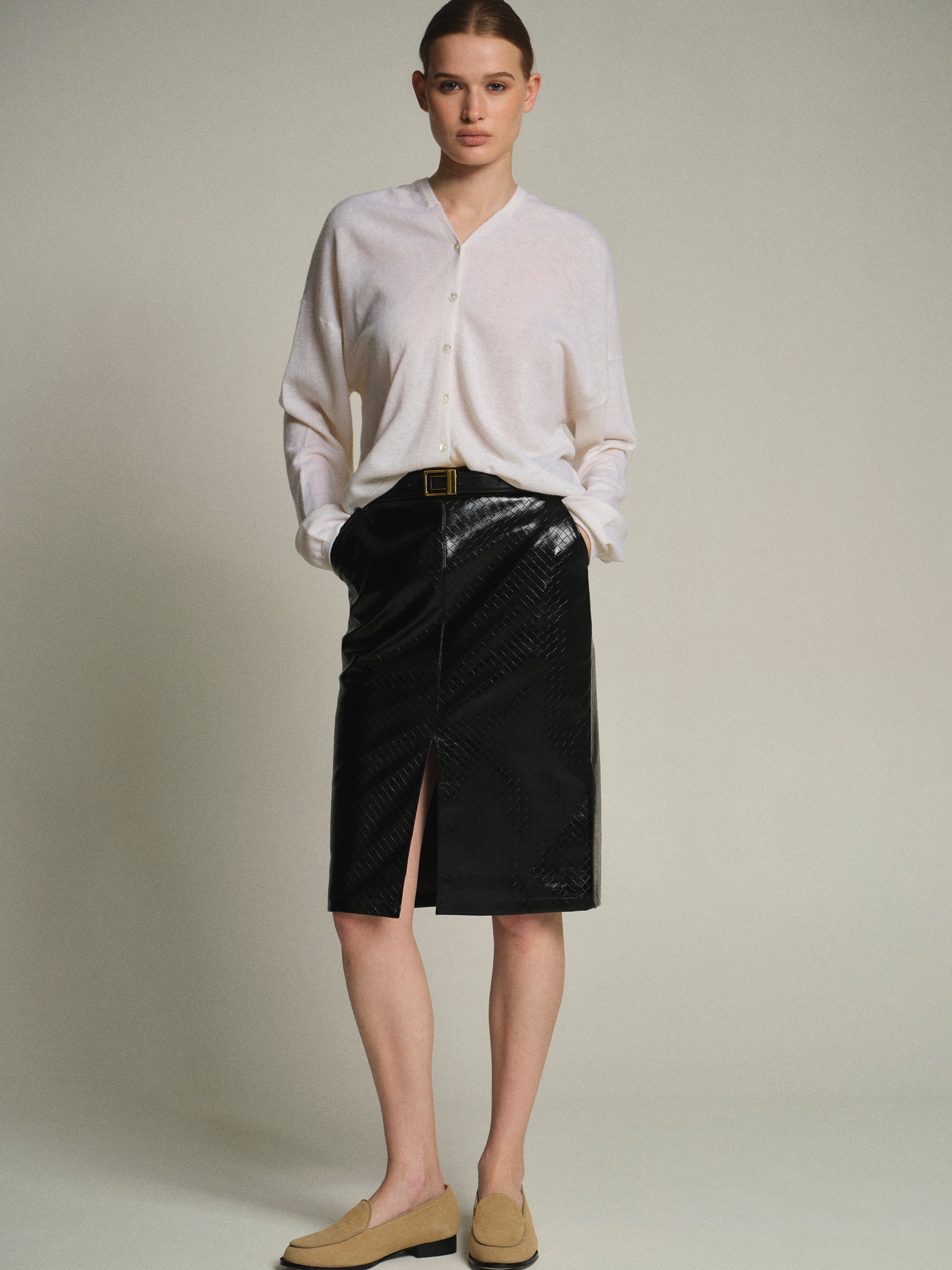 Belted Faux-Leather Midi Skirt, Black