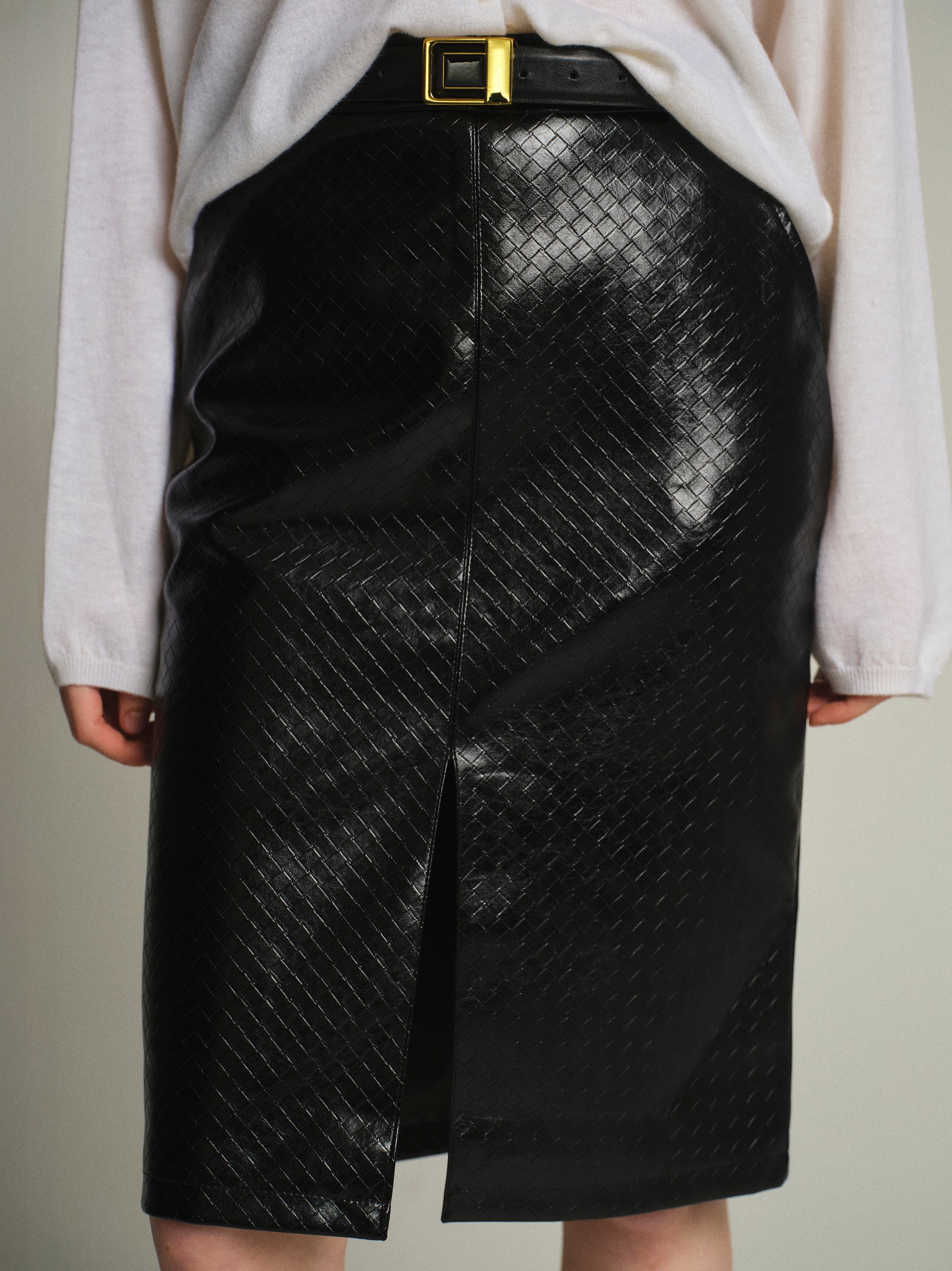 Belted Faux-Leather Midi Skirt, Black