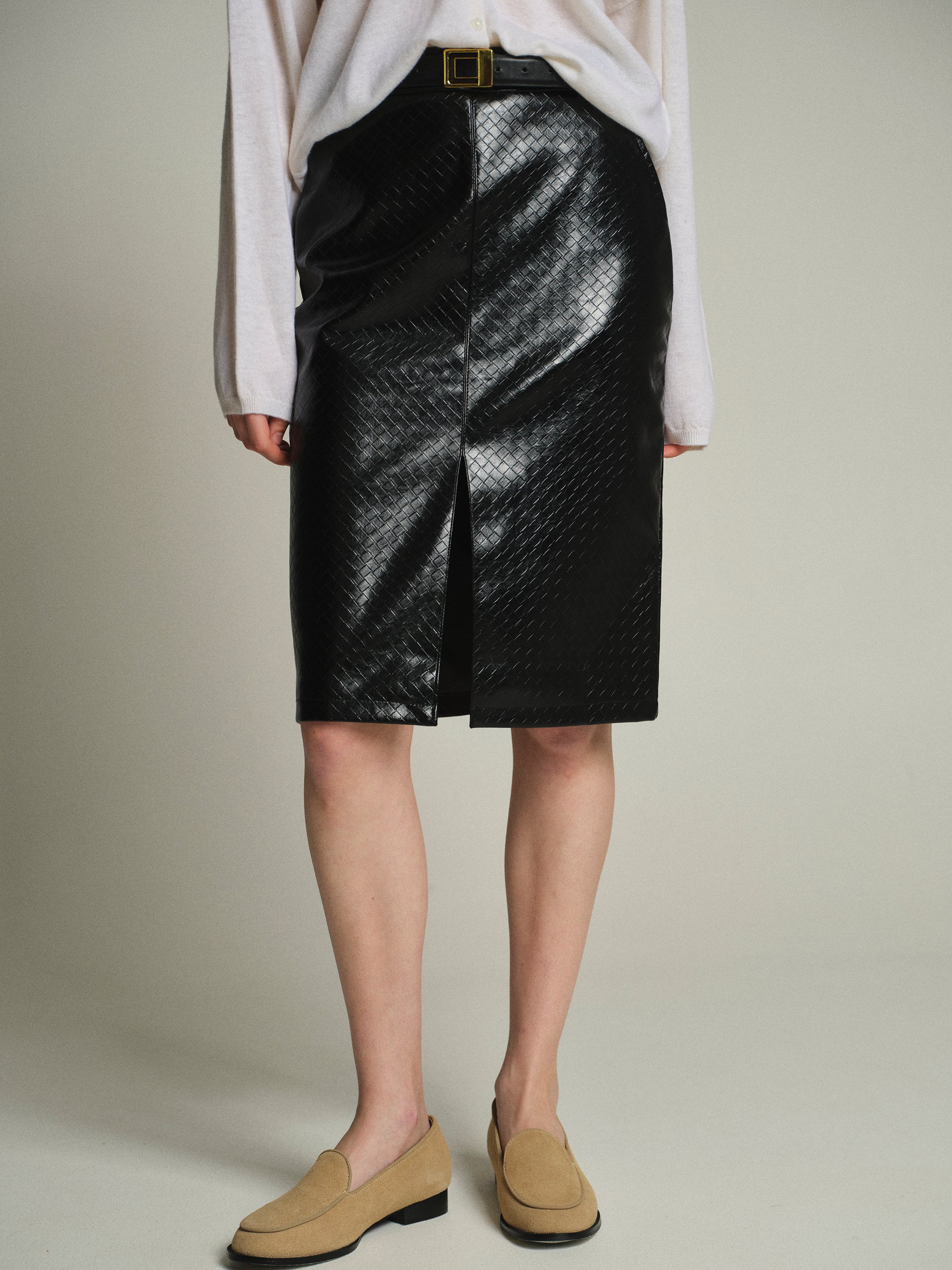 Belted Faux-Leather Midi Skirt, Black