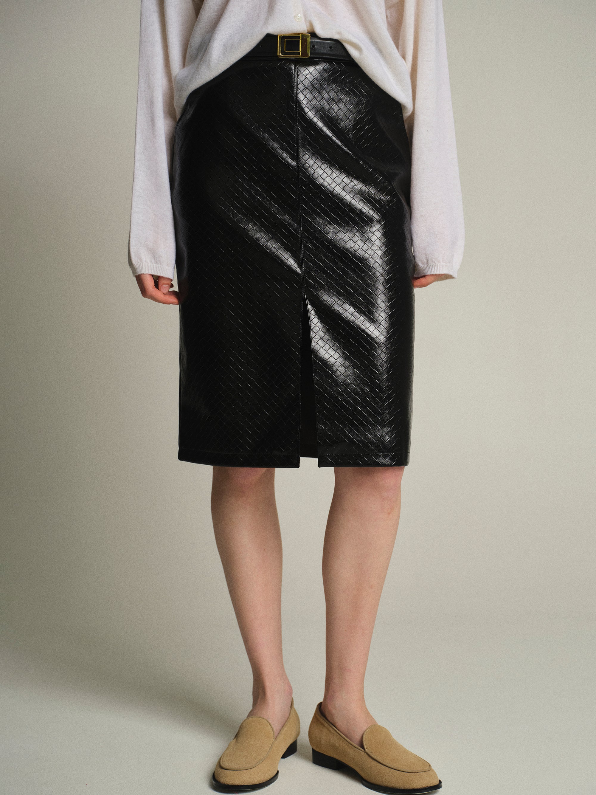 Belted Faux-Leather Midi Skirt, Black