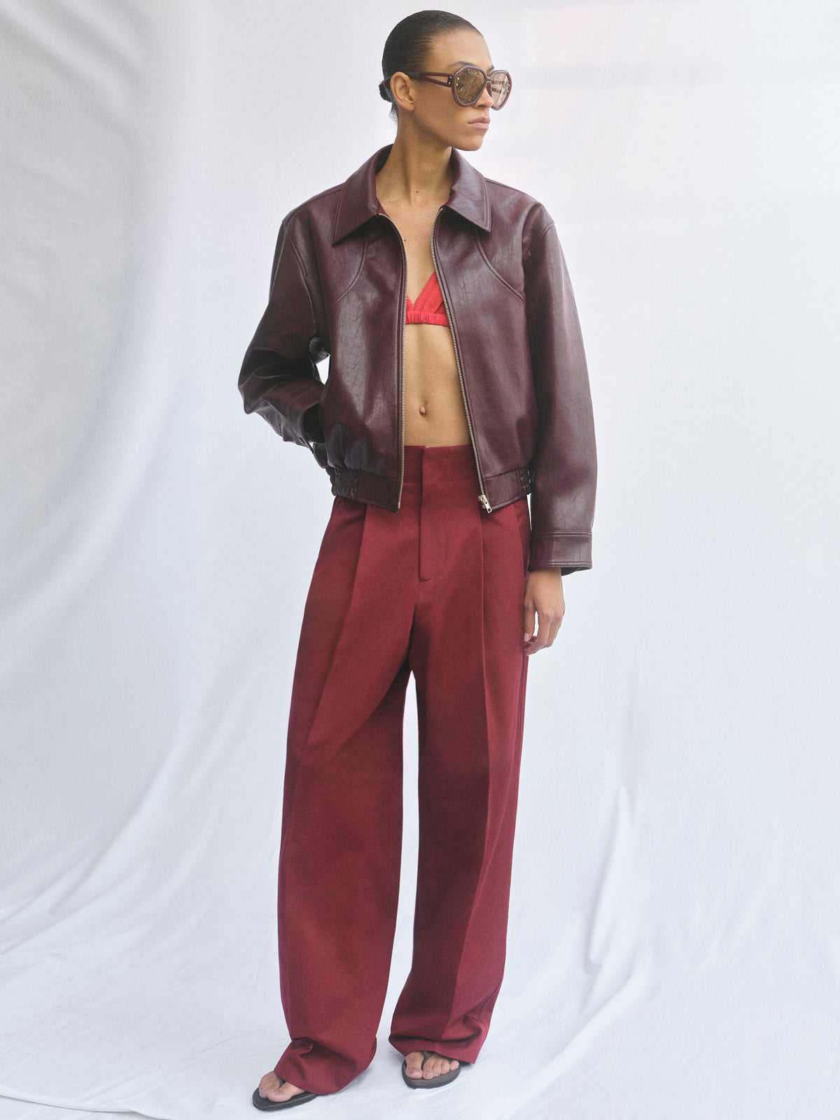 Ennio Faux-Leather Bomber Jacket, Mahogany