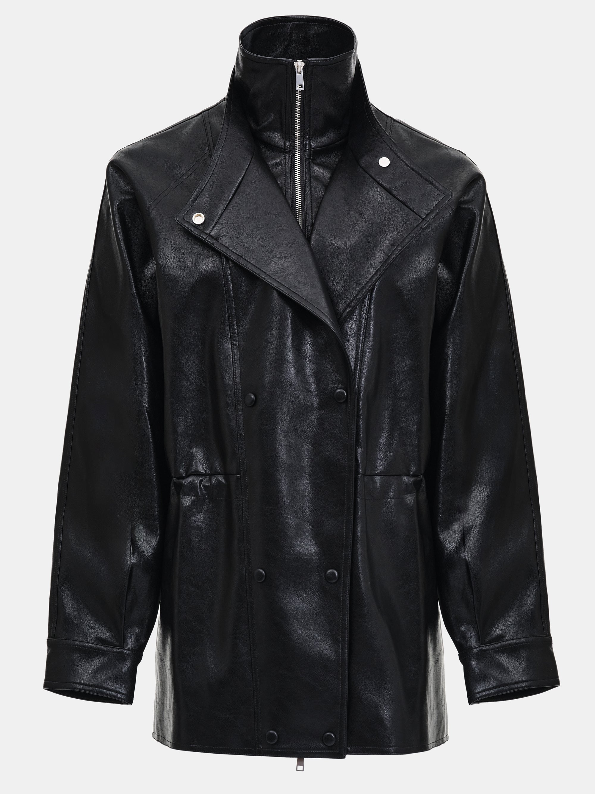 High Collar Faux-Leather Jacket, Black