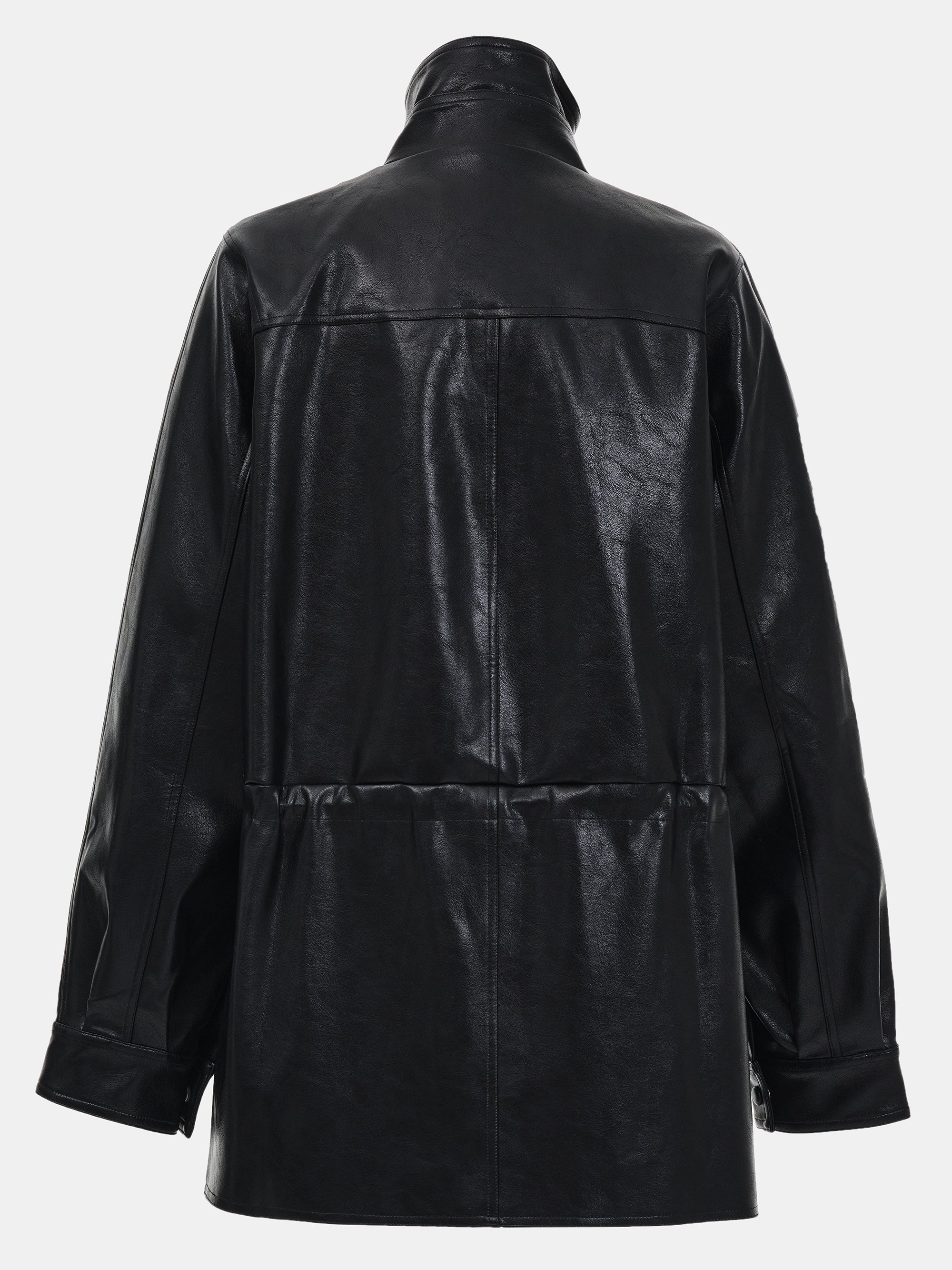 High Collar Faux-Leather Jacket, Black