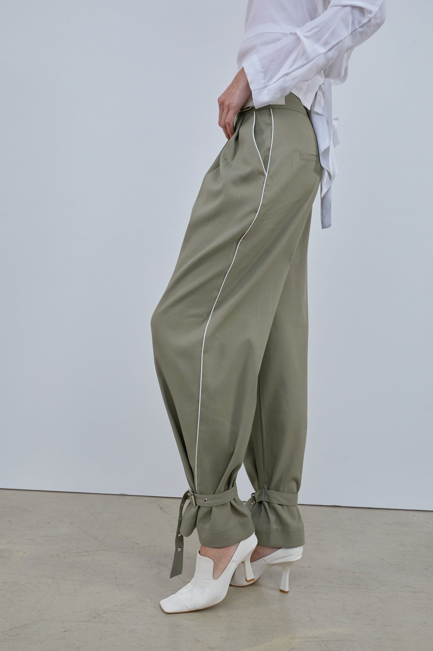 Belted Trousers With Belt Tab Cuff, Olive