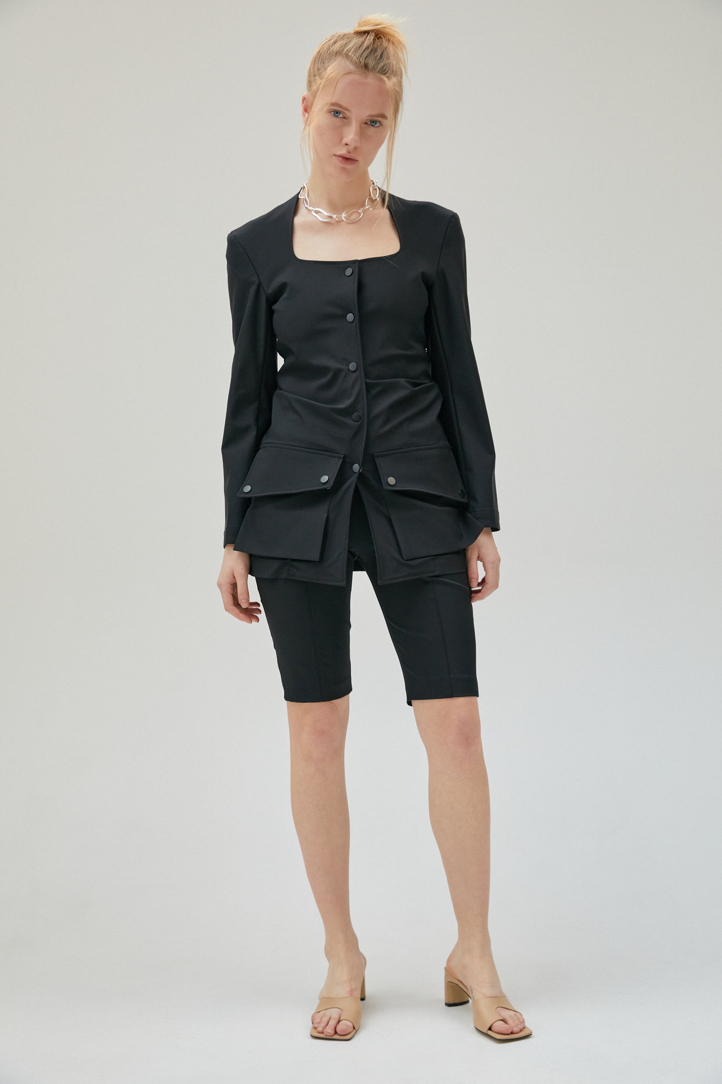 Square-neck Ruched Blazer, Black