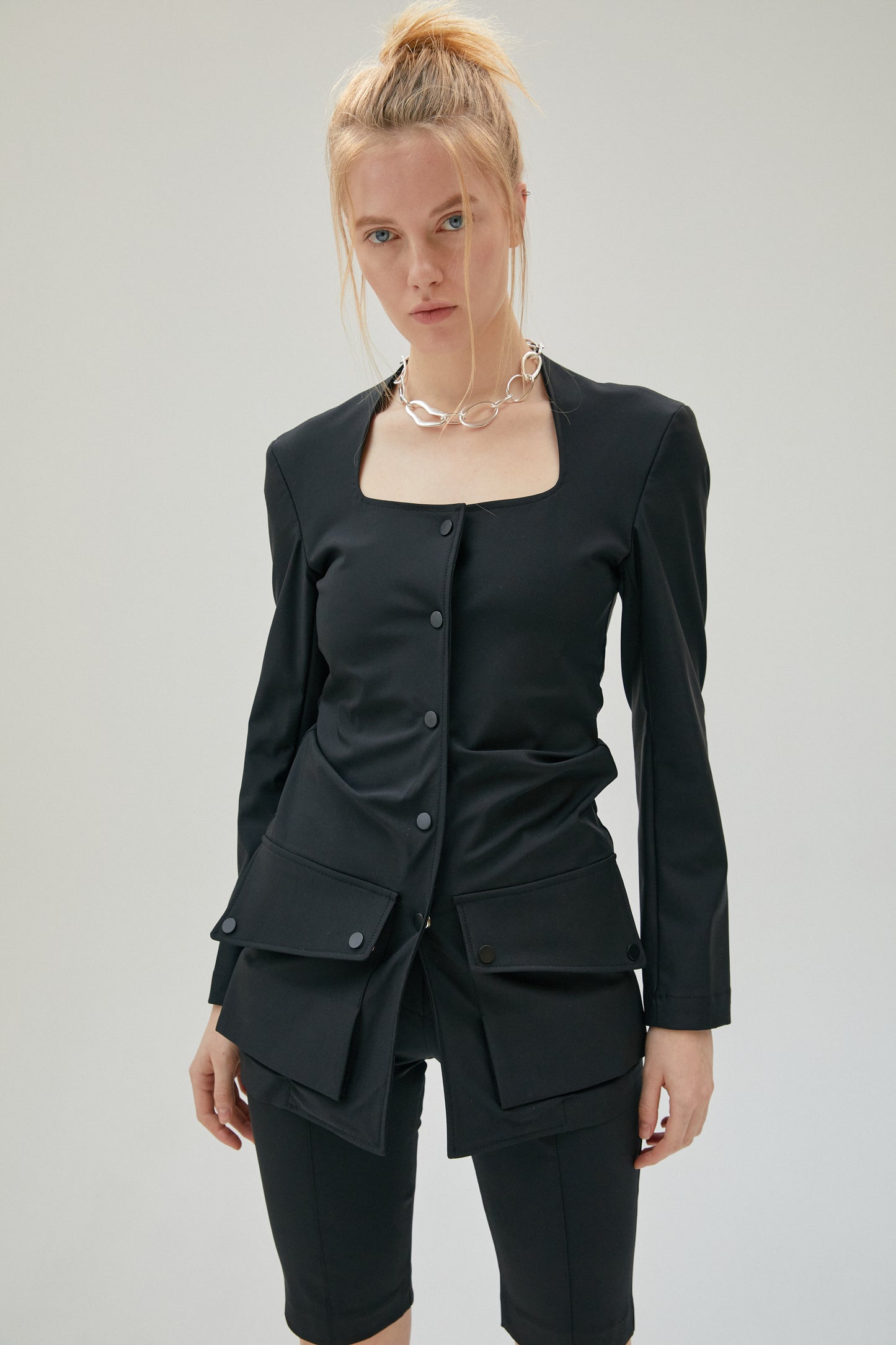 Square-neck Ruched Blazer, Black