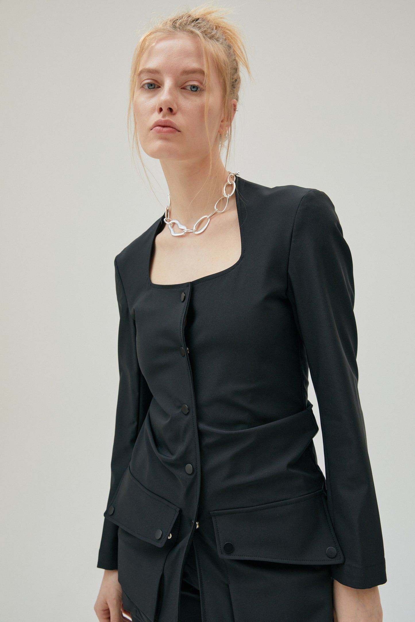Square-neck Ruched Blazer, Black