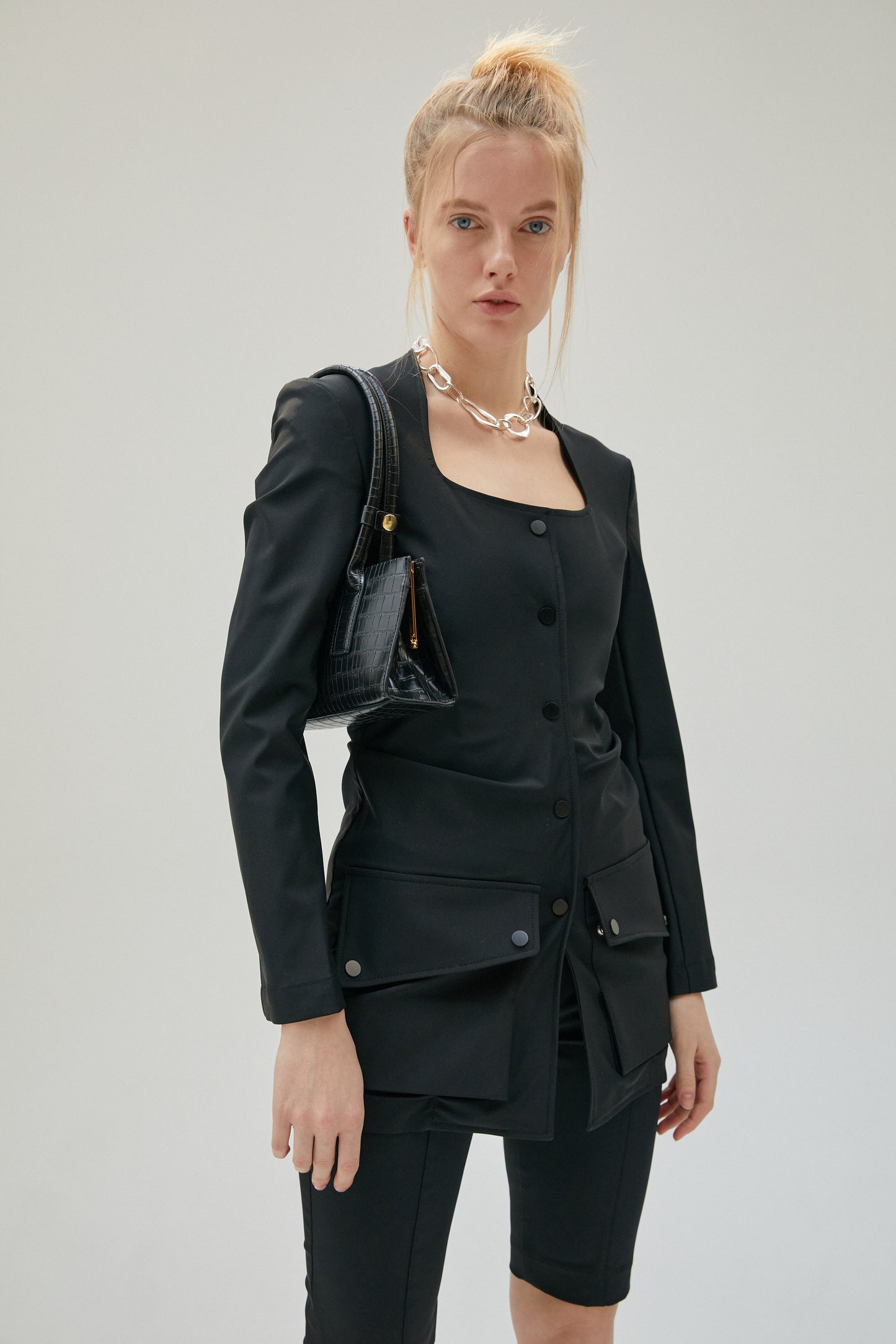 Square-neck Ruched Blazer, Black