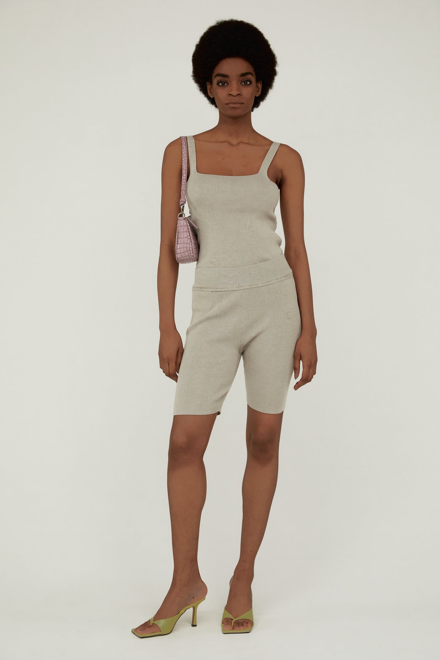 Square-Neckline Stretchy Knit Top, Sesame Beige
