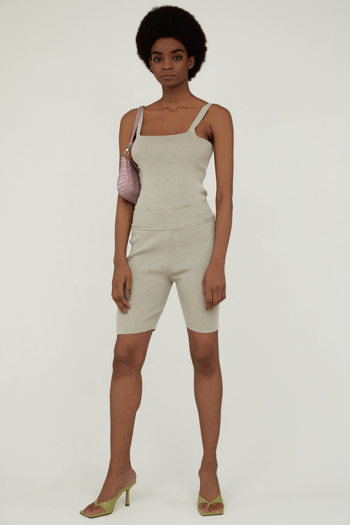 Square-Neckline Stretchy Knit Top, Sesame Beige