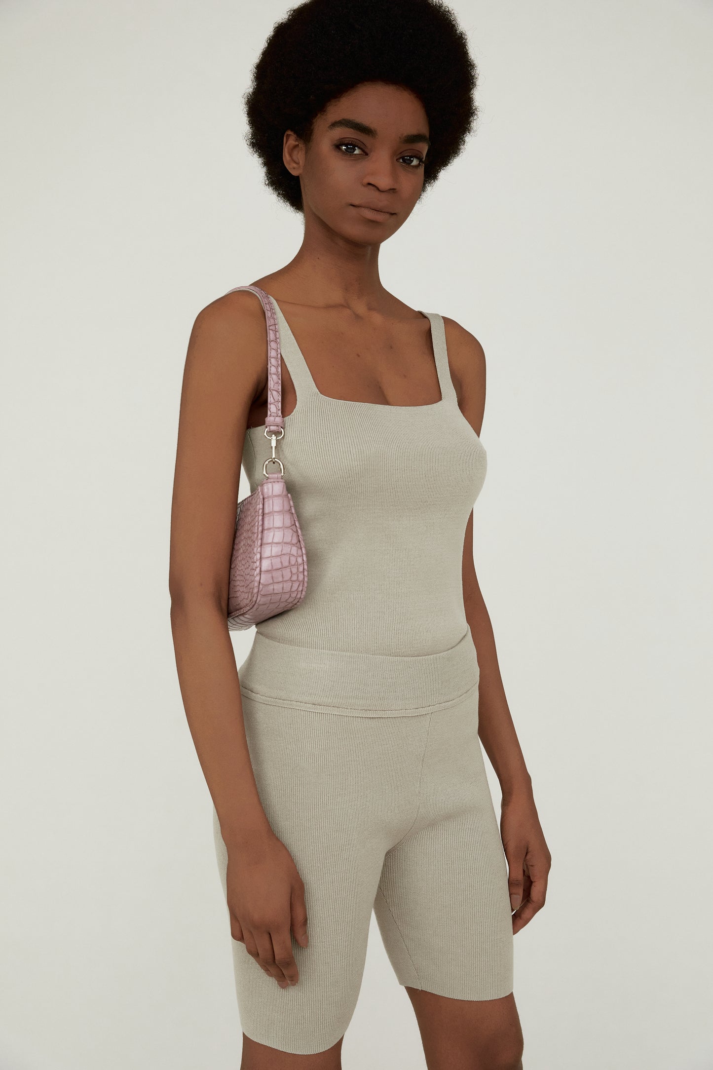 Square-Neckline Stretchy Knit Top, Sesame Beige