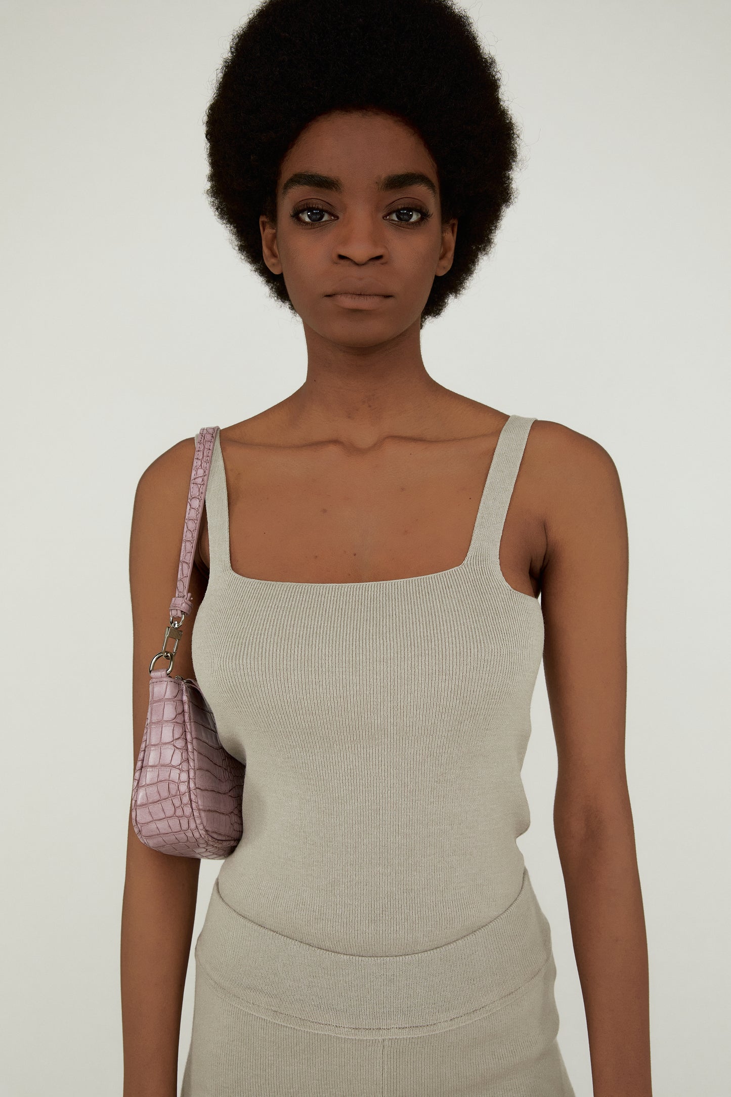 Square-Neckline Stretchy Knit Top, Sesame Beige