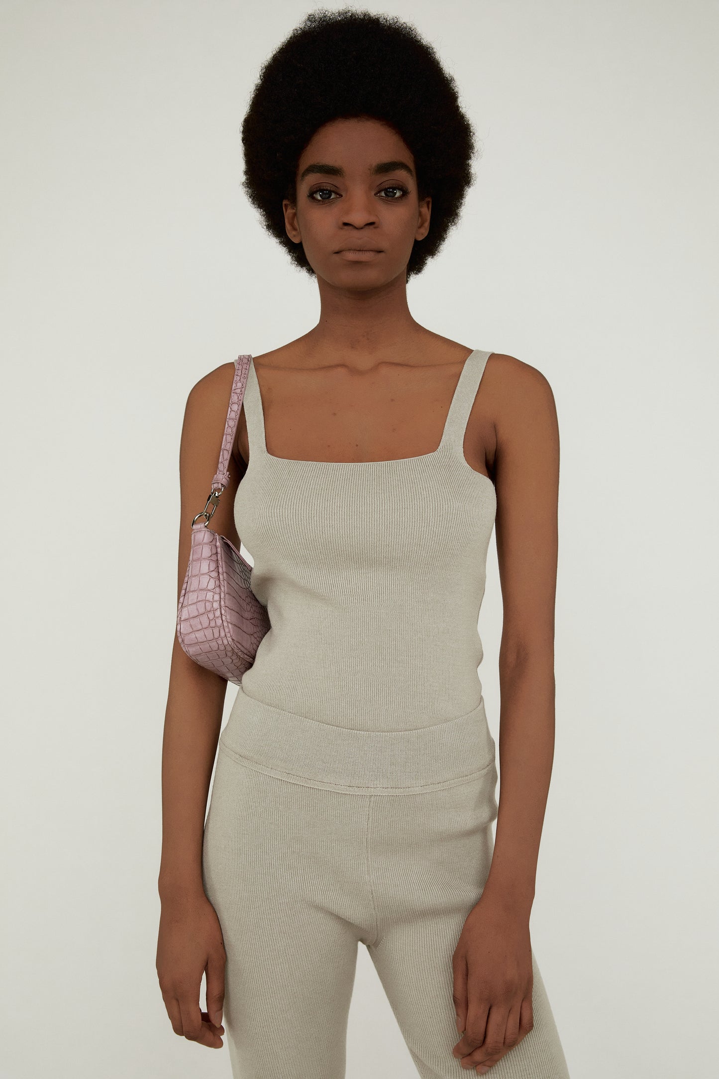Square-Neckline Stretchy Knit Top, Sesame Beige