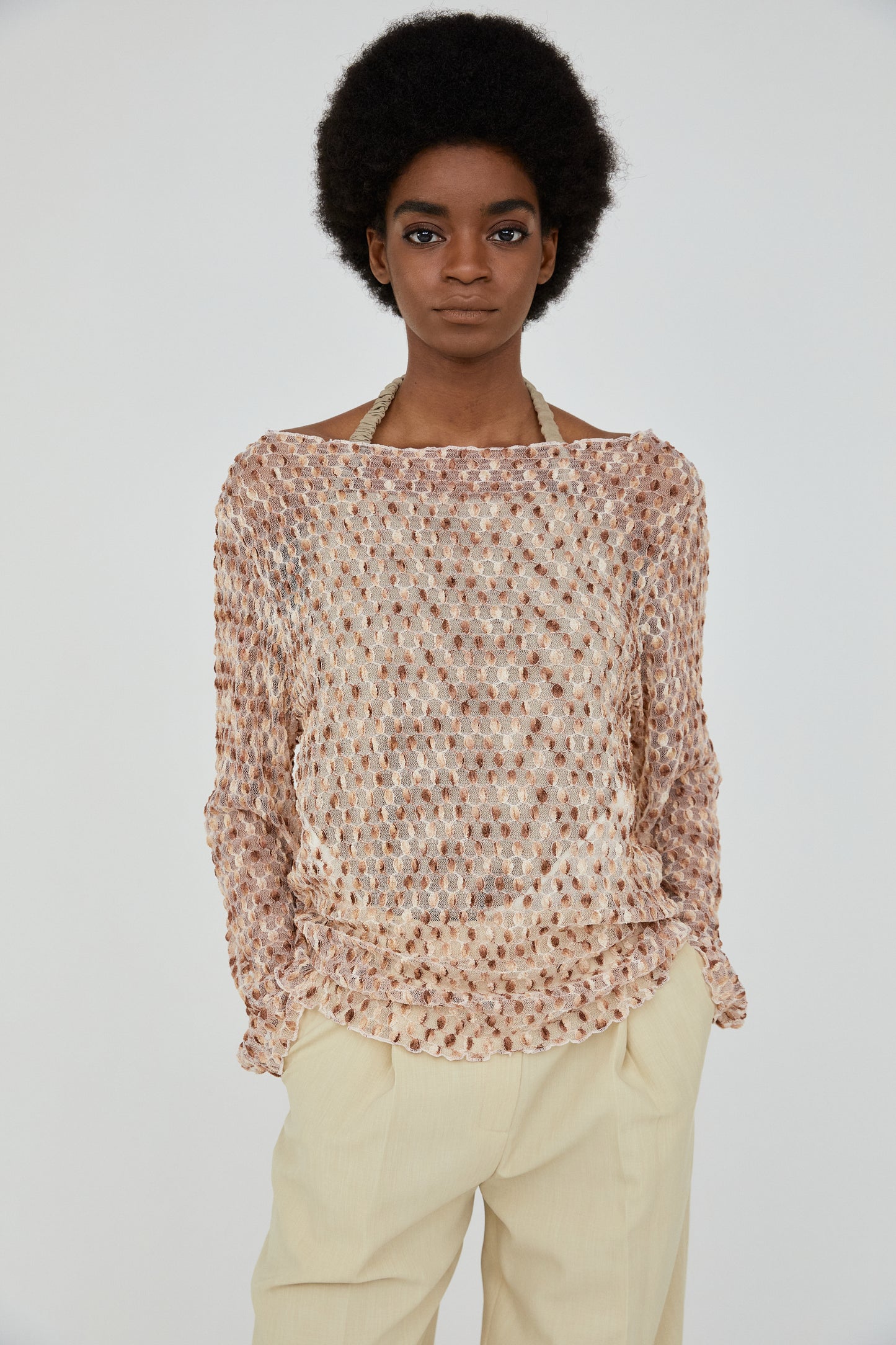 Two-Tone Mesh Combination Knit, Golden Brown