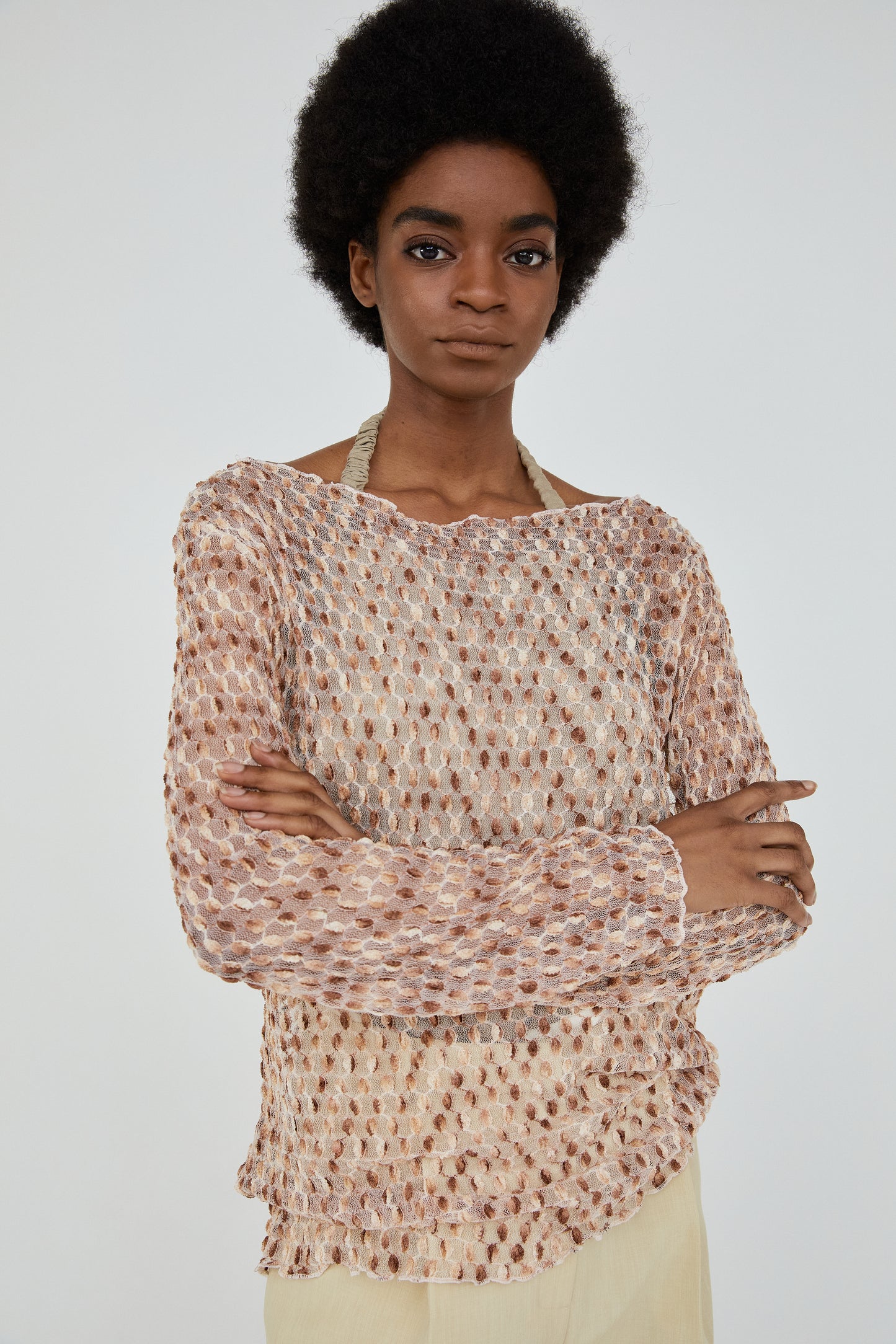 Two-Tone Mesh Combination Knit, Golden Brown