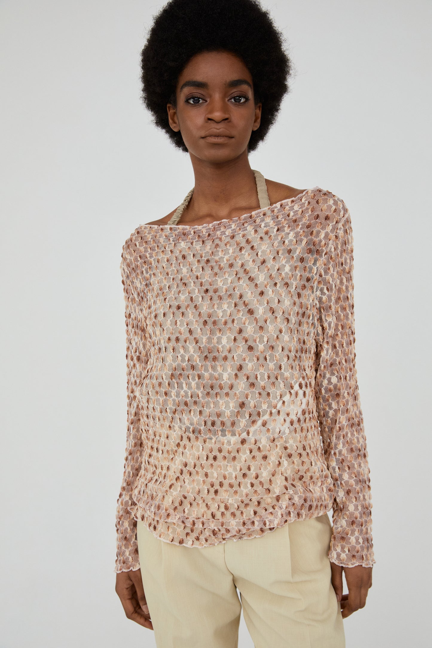 Two-Tone Mesh Combination Knit, Golden Brown