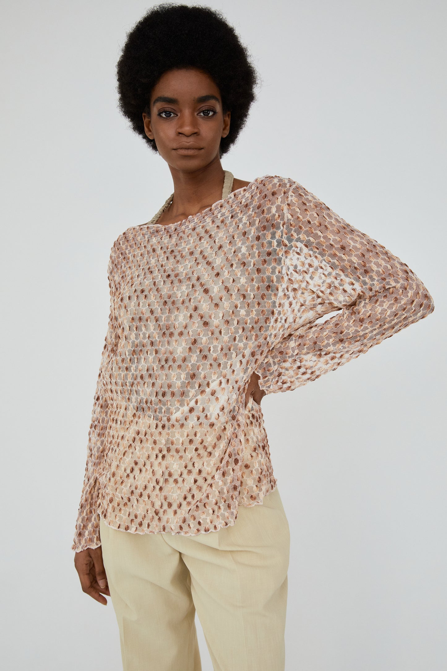 Two-Tone Mesh Combination Knit, Golden Brown