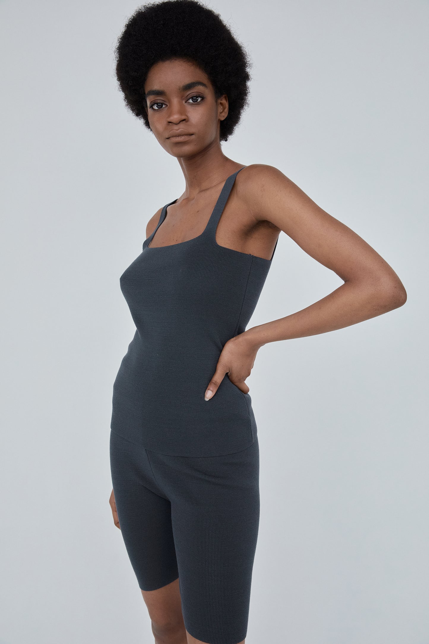 Square-Neckline Stretchy Knit Top, Charcoal