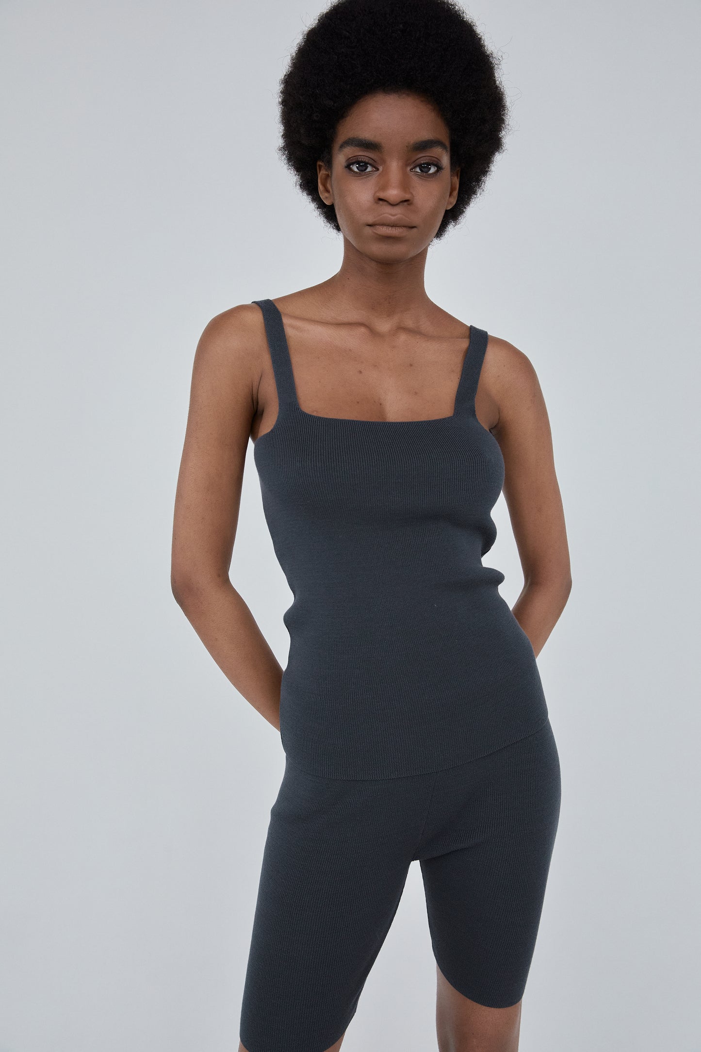 Square-Neckline Stretchy Knit Top, Charcoal