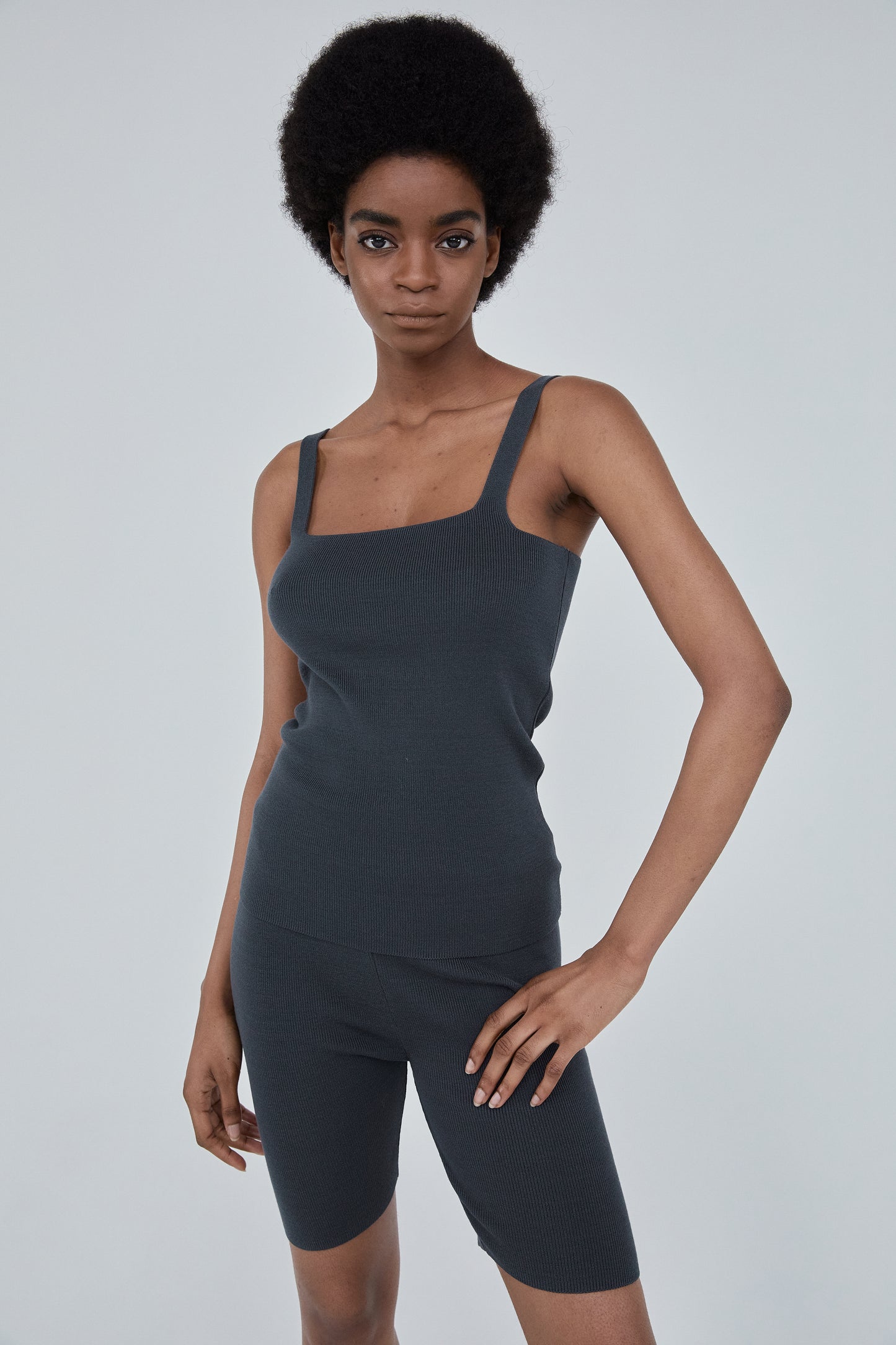 Square-Neckline Stretchy Knit Top, Charcoal