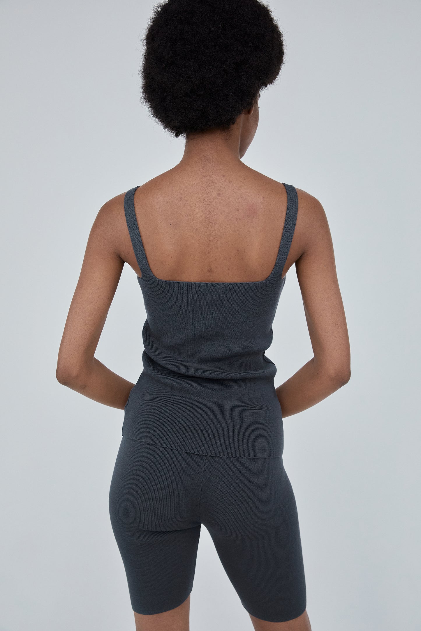 Square-Neckline Stretchy Knit Top, Charcoal