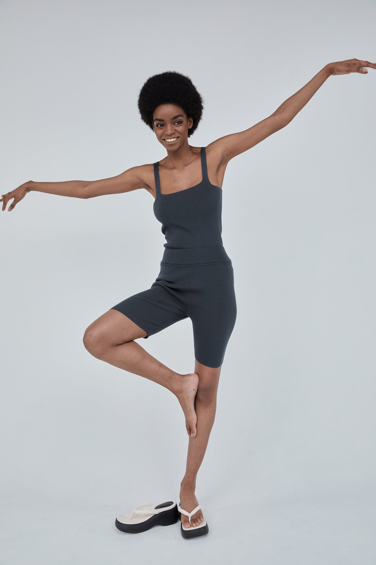 Square-Neckline Stretchy Knit Top, Charcoal
