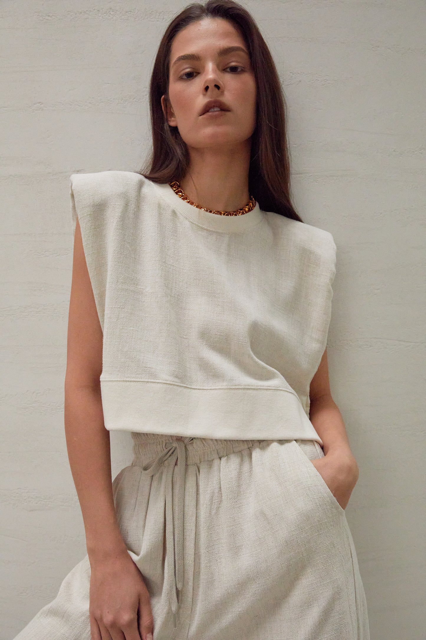 Linen Padded Shoulder Muscle Top, Natural
