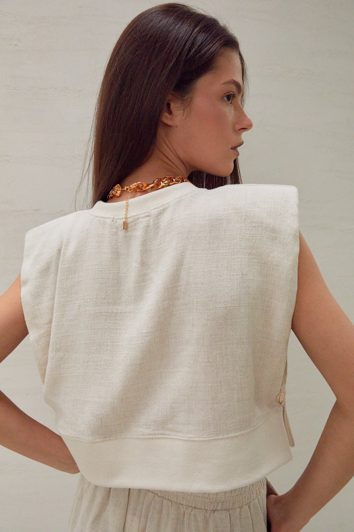 Linen Padded Shoulder Muscle Top, Natural