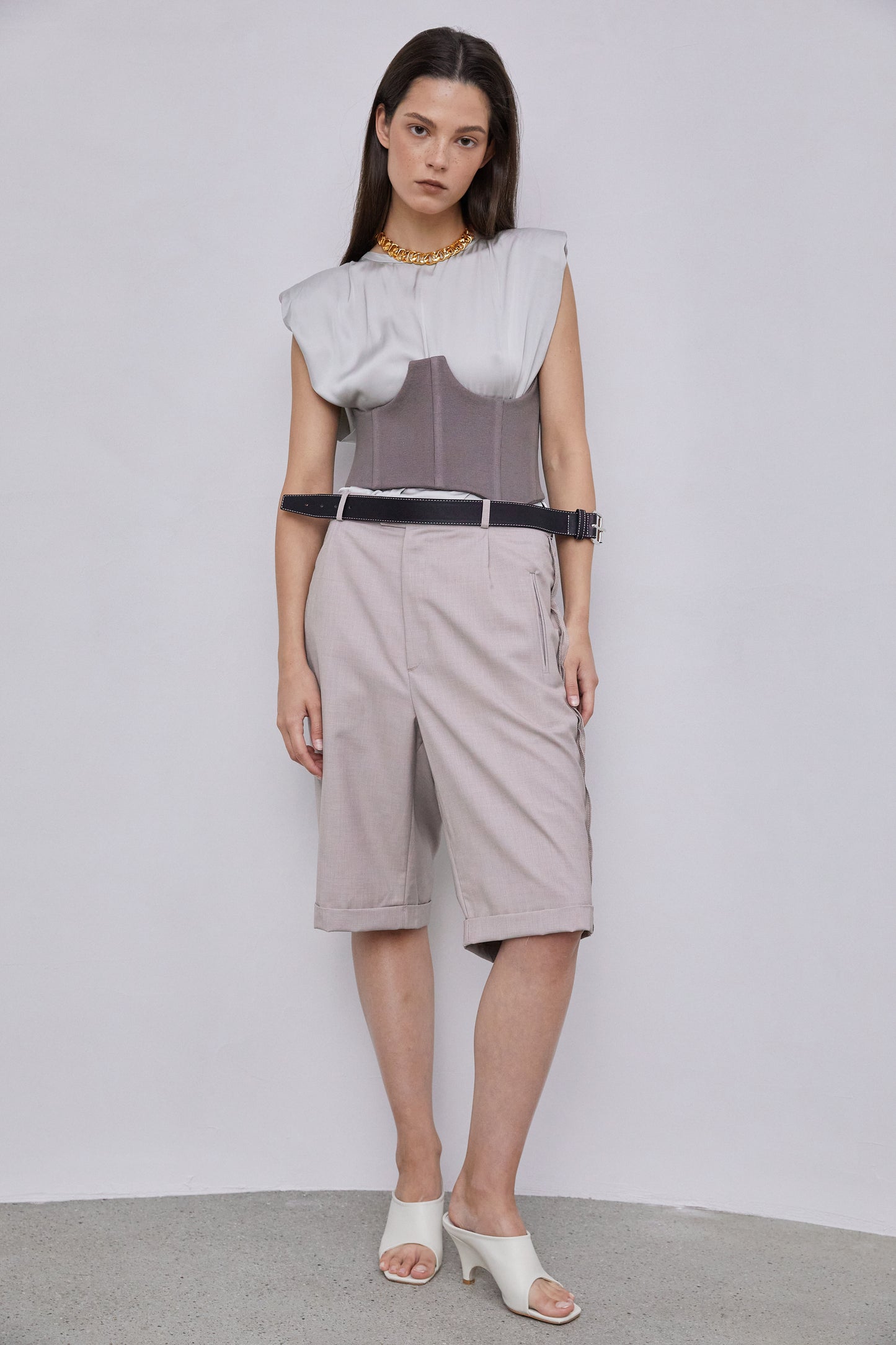 Belted Bermuda Shorts With Exposed Lining, Light Beige