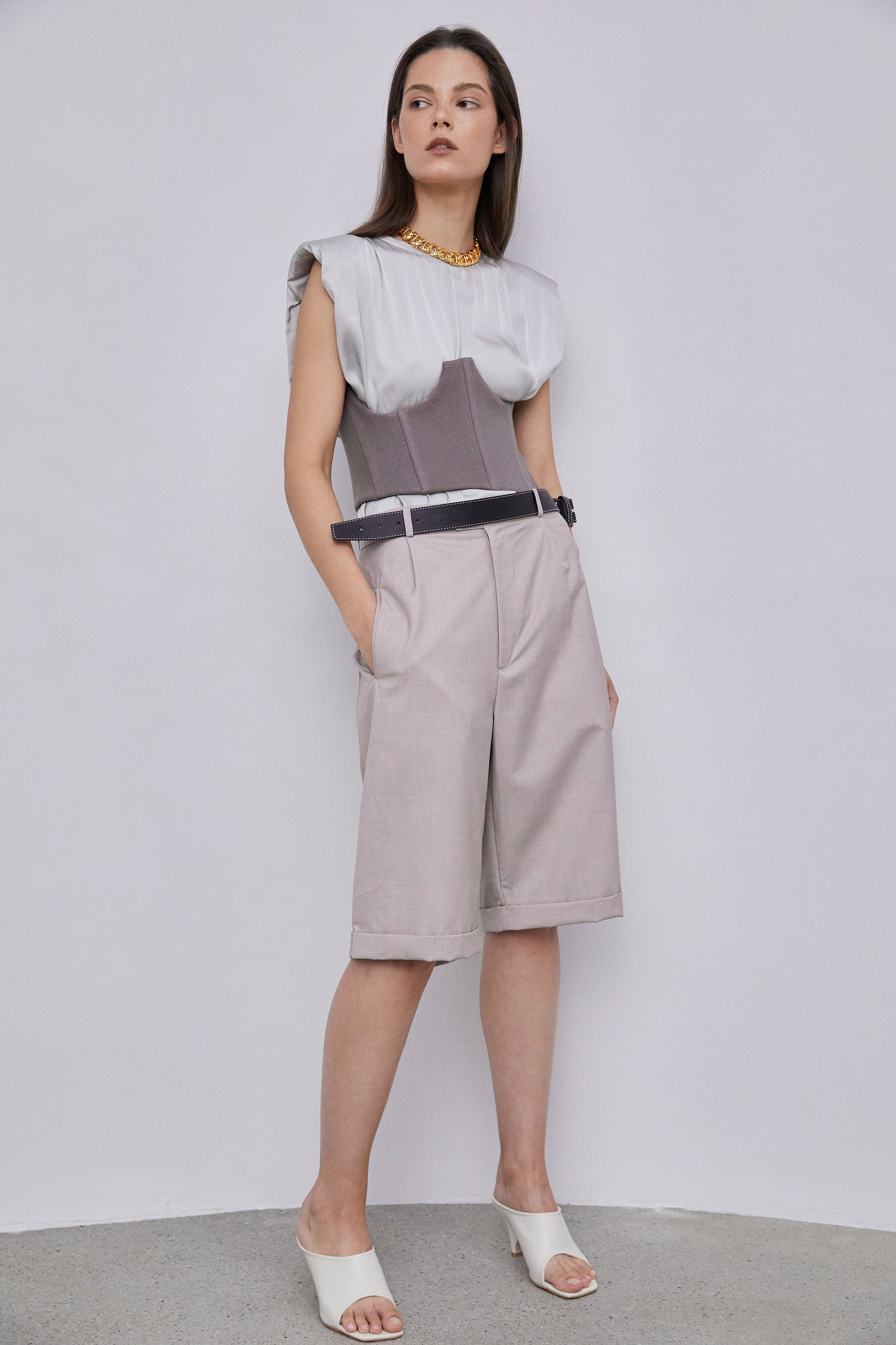 Belted Bermuda Shorts With Exposed Lining, Light Beige
